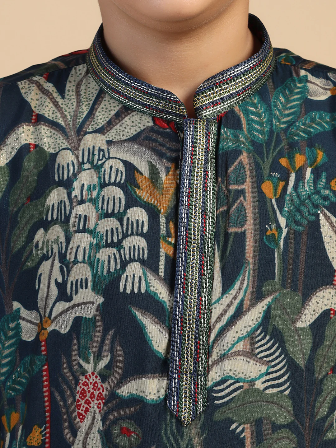 Boy's Navy Blue Floral Kurta - Image 5