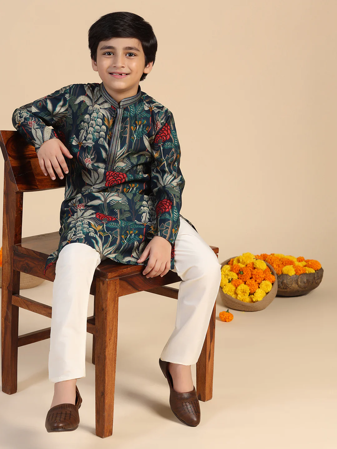 Boy's Navy Blue Floral Kurta Pyjama Set