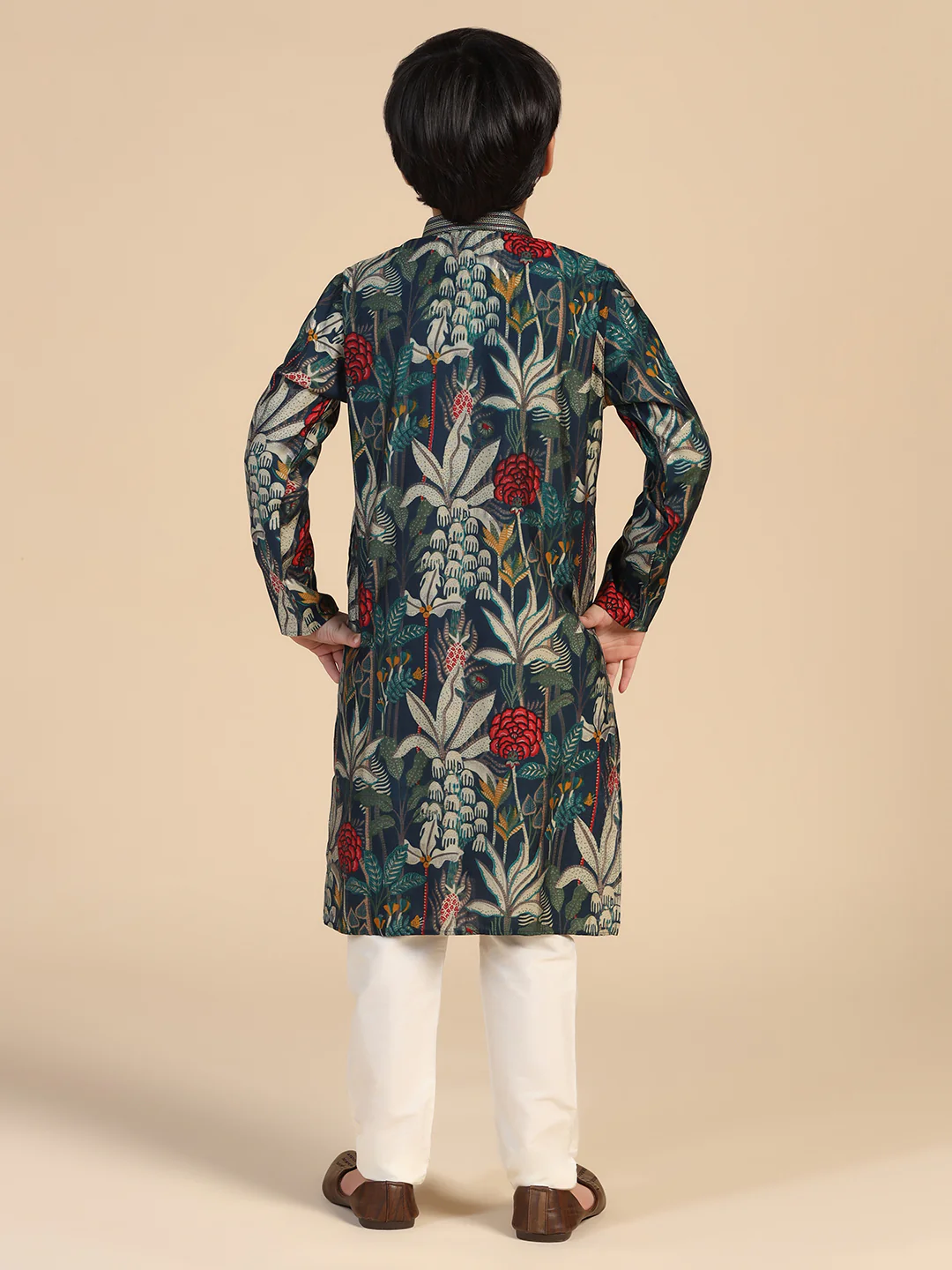 Boy's Navy Blue Floral Kurta Pyjama Set - Image 4