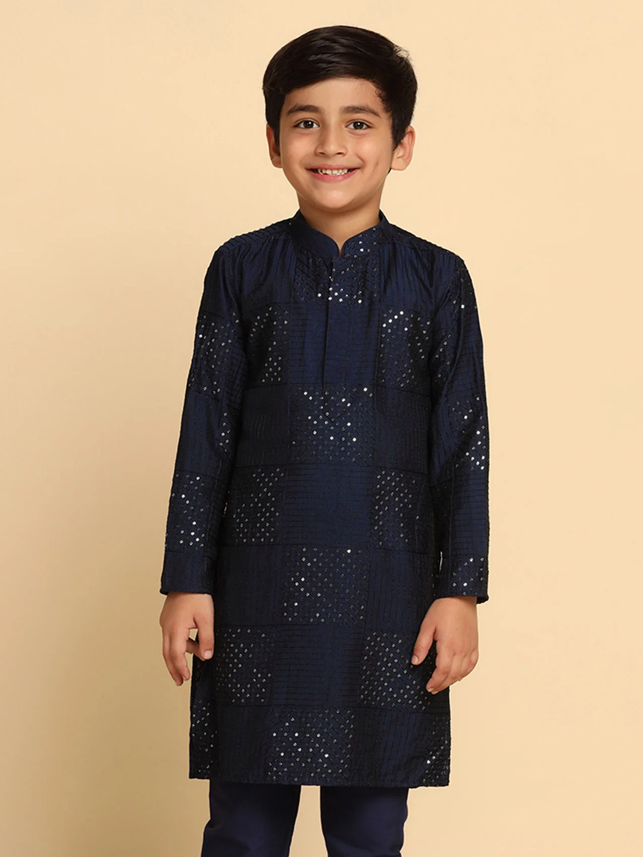 Boy's Navy Blue Embellished Kurta