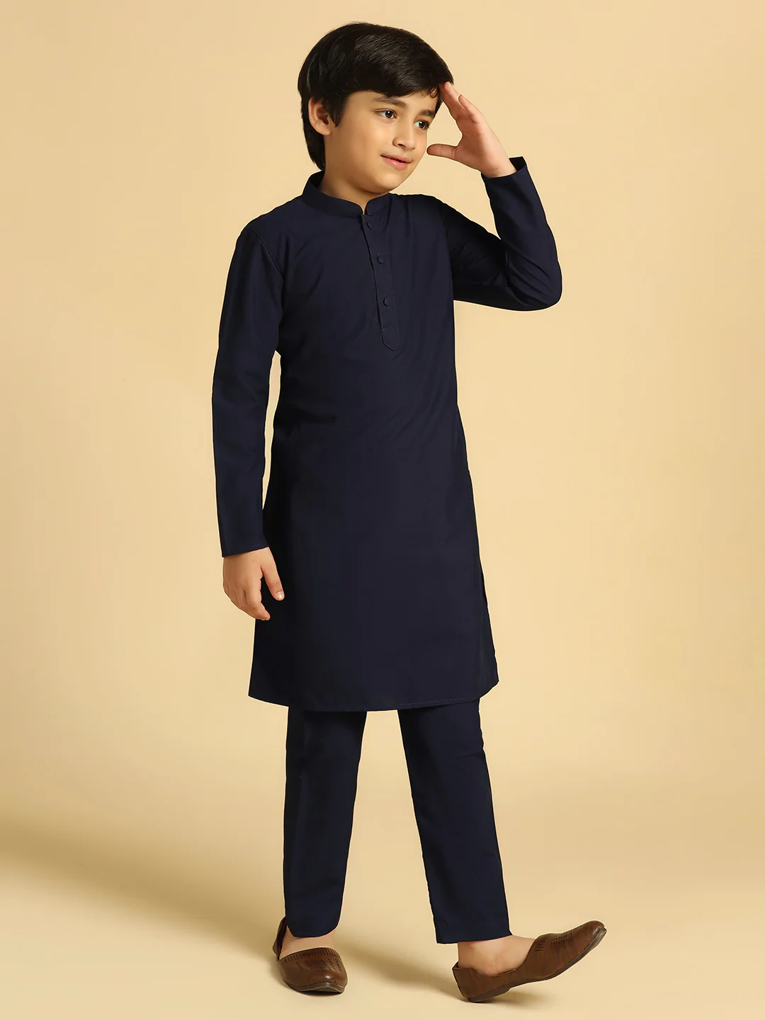 Boy's Navy Blue Solid Kurta Pyjama Set - Image 3