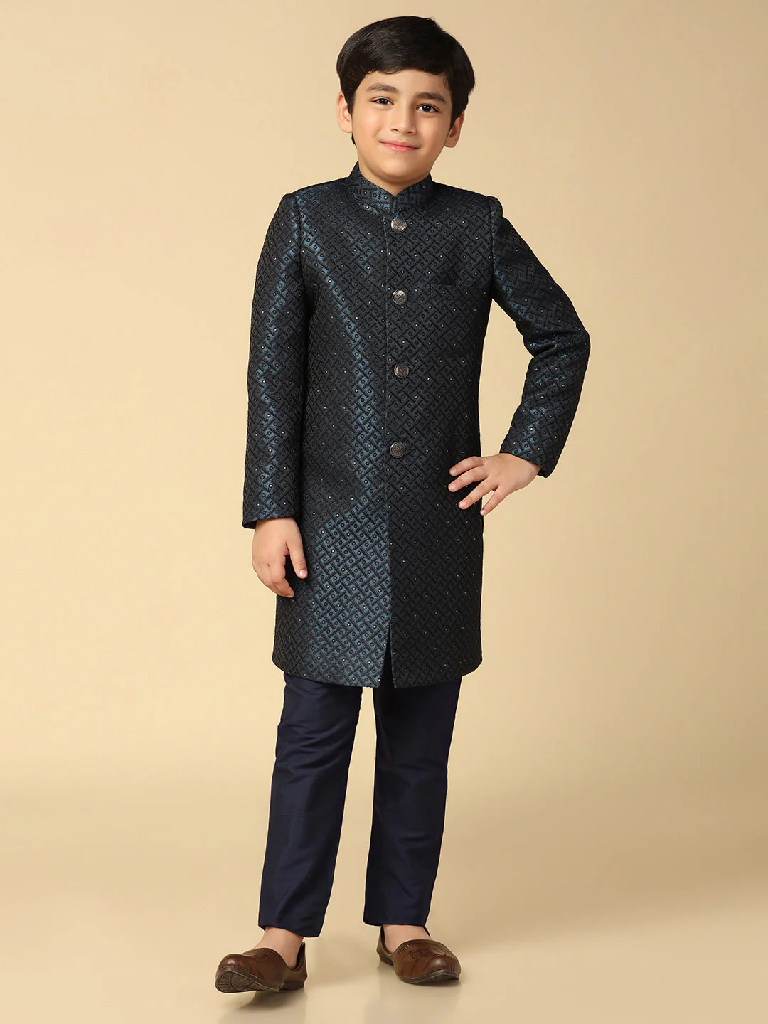 Boys Navy Blue Cotton Solid Pyjama - Image 4