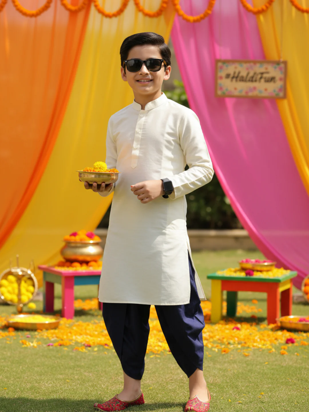 Boy's Off White Kurta Dhoti Set - Image 2