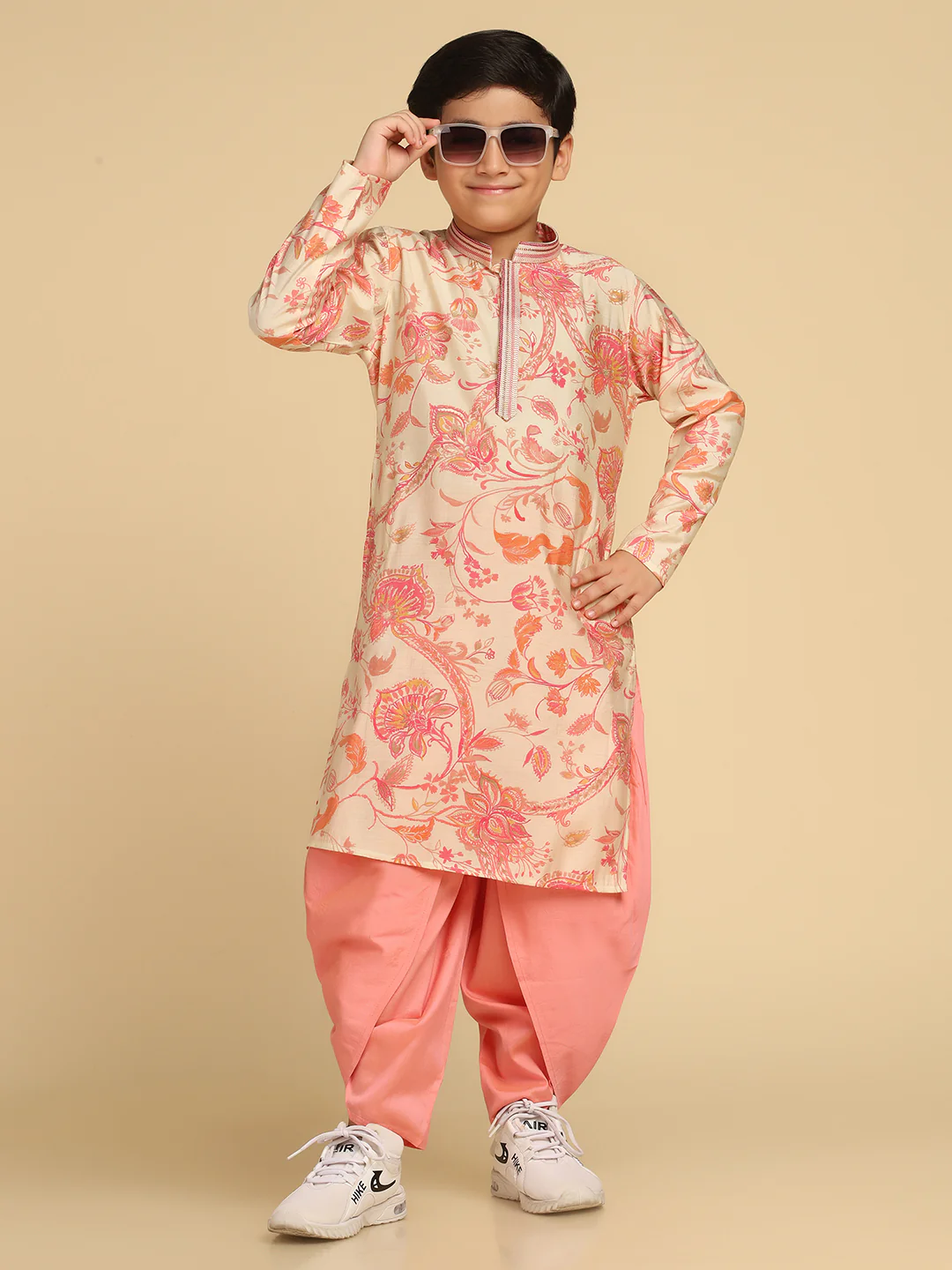 Boy's Off White Printed Floral Kurta Dhoti Pant Set