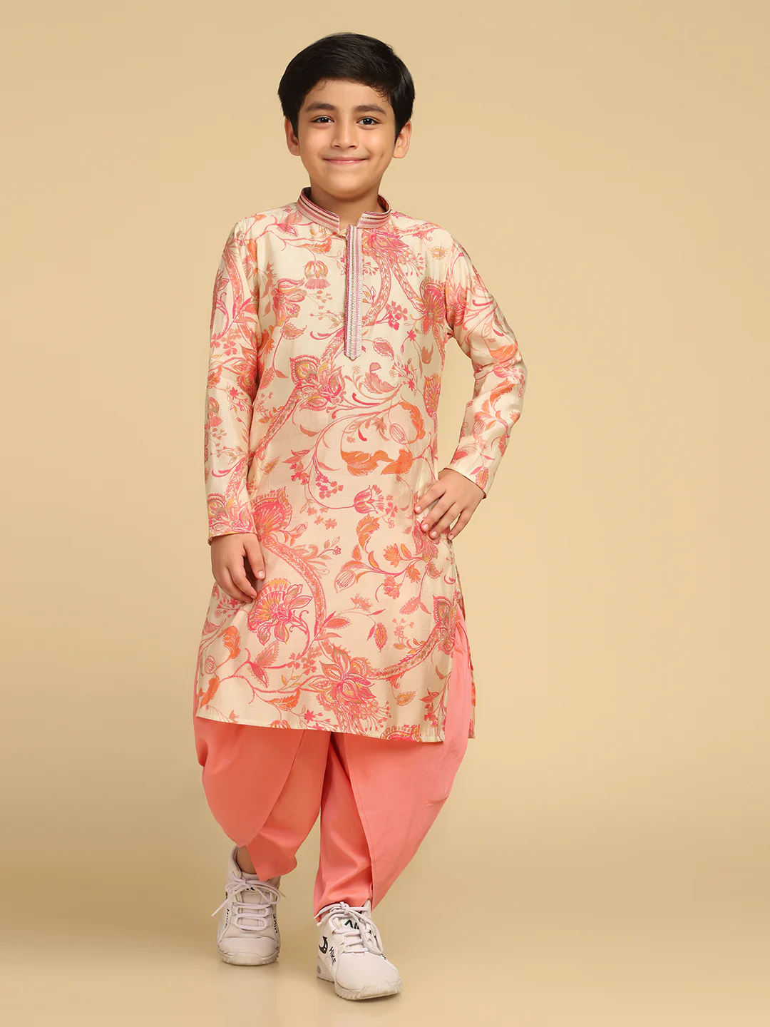 Boy's Off White Printed Floral Kurta Dhoti Pant Set - Image 8