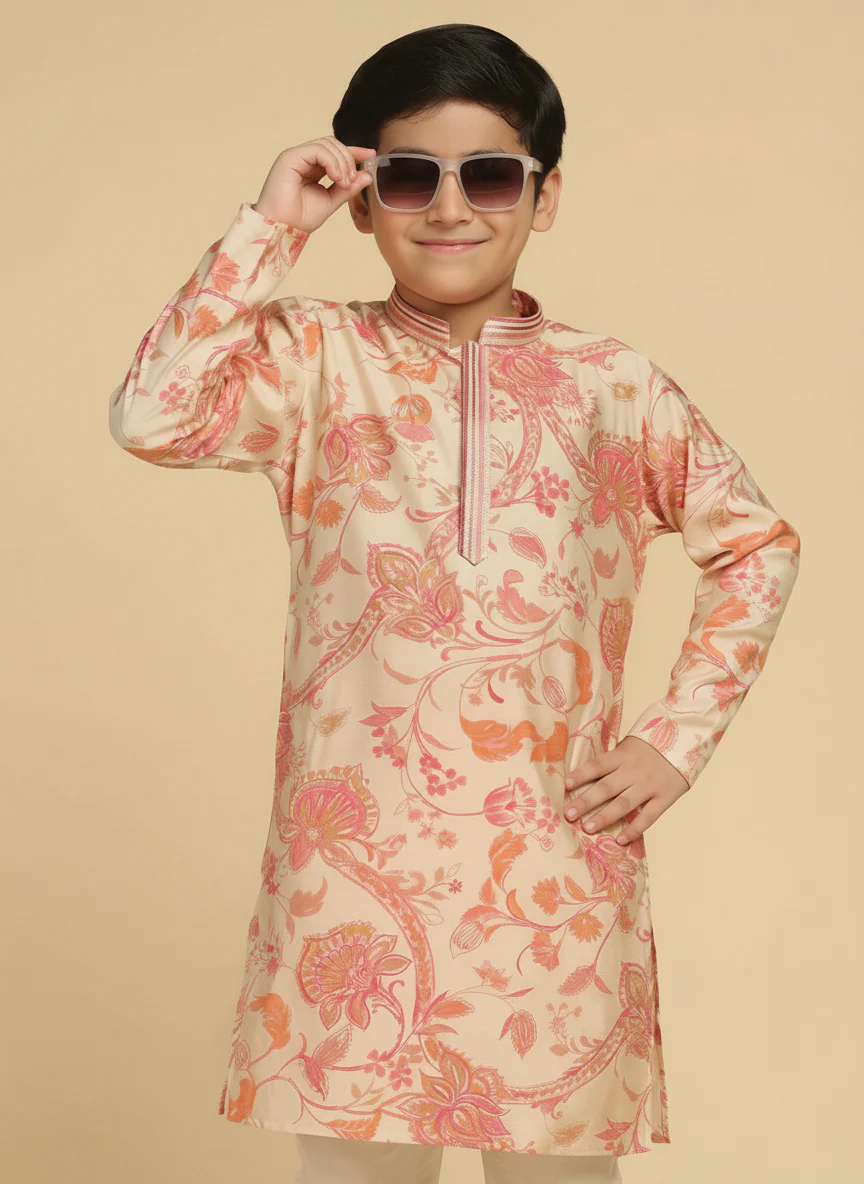 Boy's Off White Printed Floral Kurta