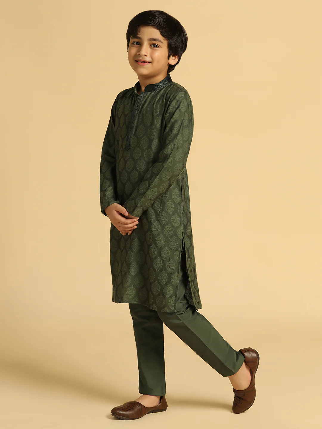 Boy's Olive Self Design Kurta - Image 2