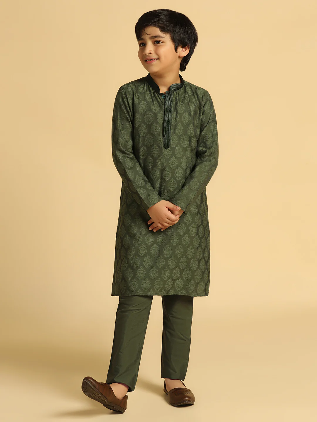Boy's Olive Self Design Kurta - Image 3