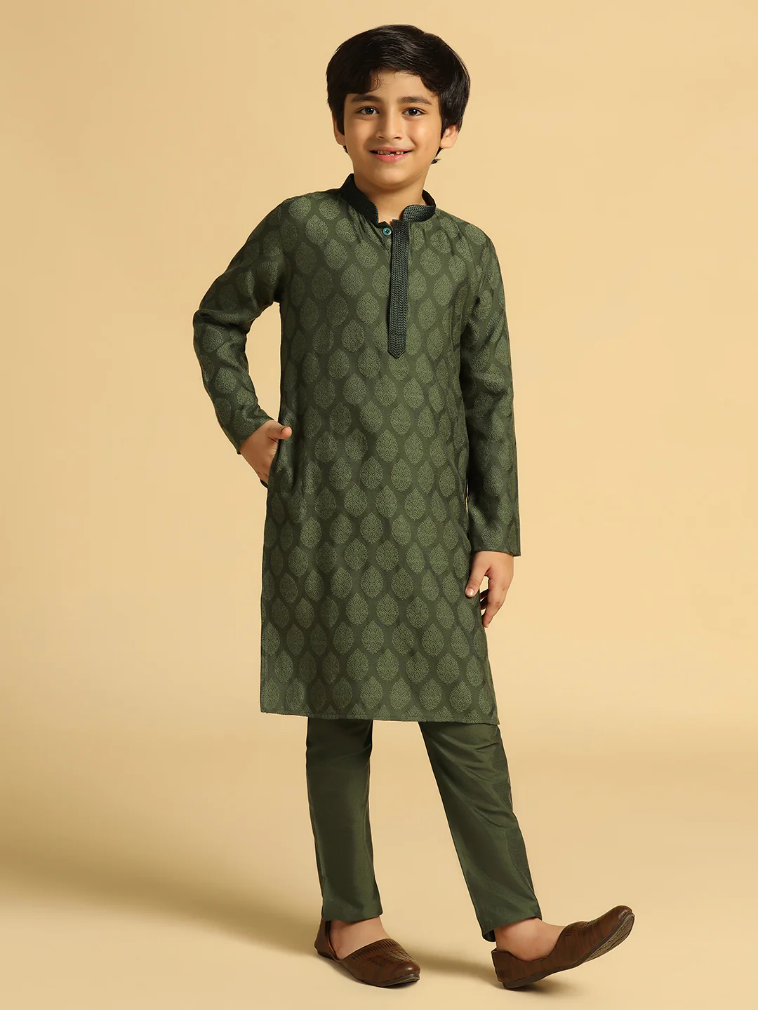 Boy's Olive Self Design Kurta - Image 6