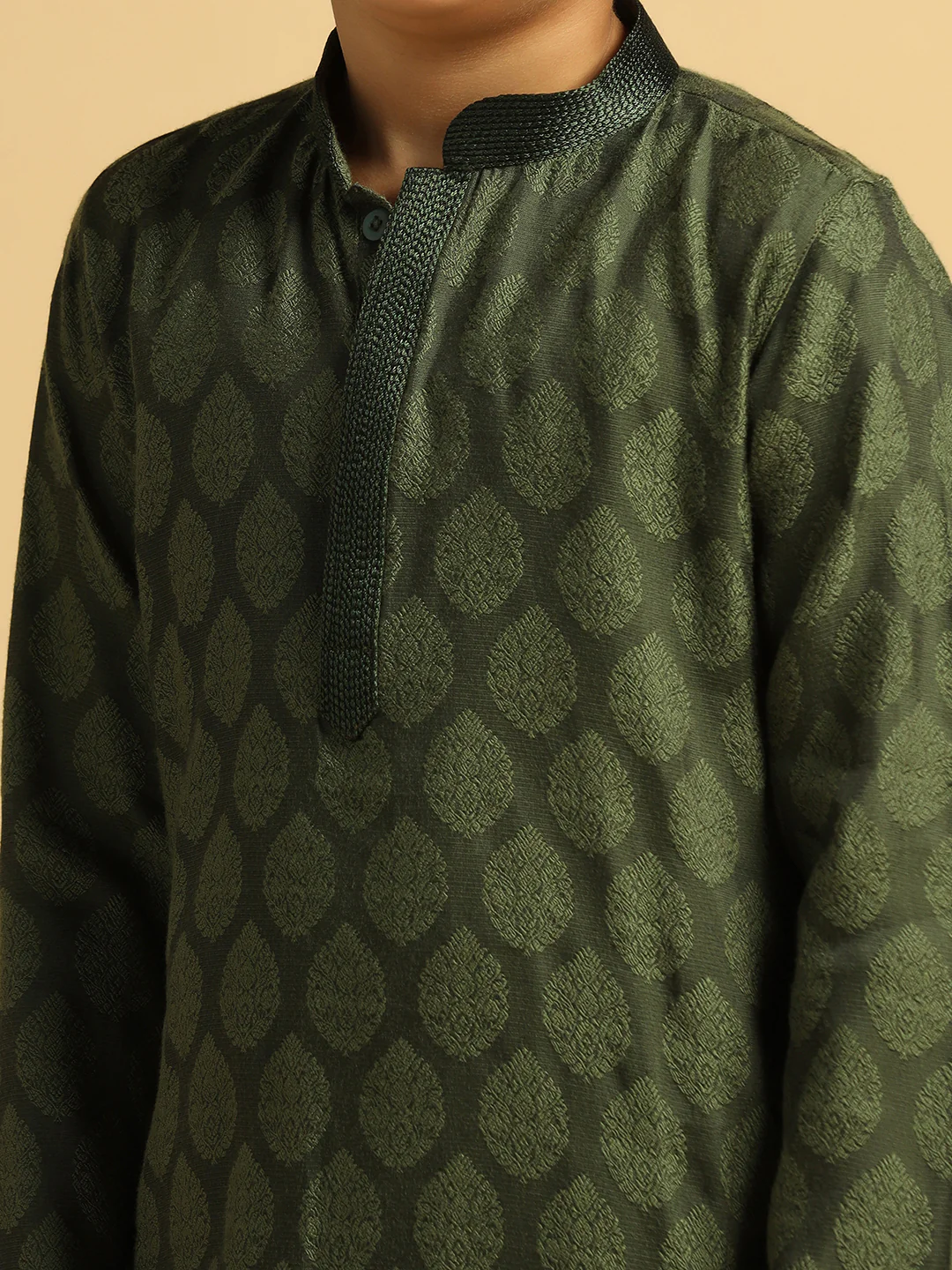 Boy's Olive Self Design Kurta Pyjama Set - Image 5