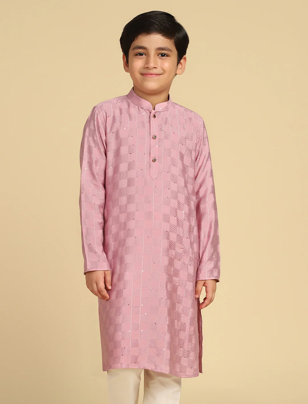 Boy's Onion Pink Woven Design Checked Kurta