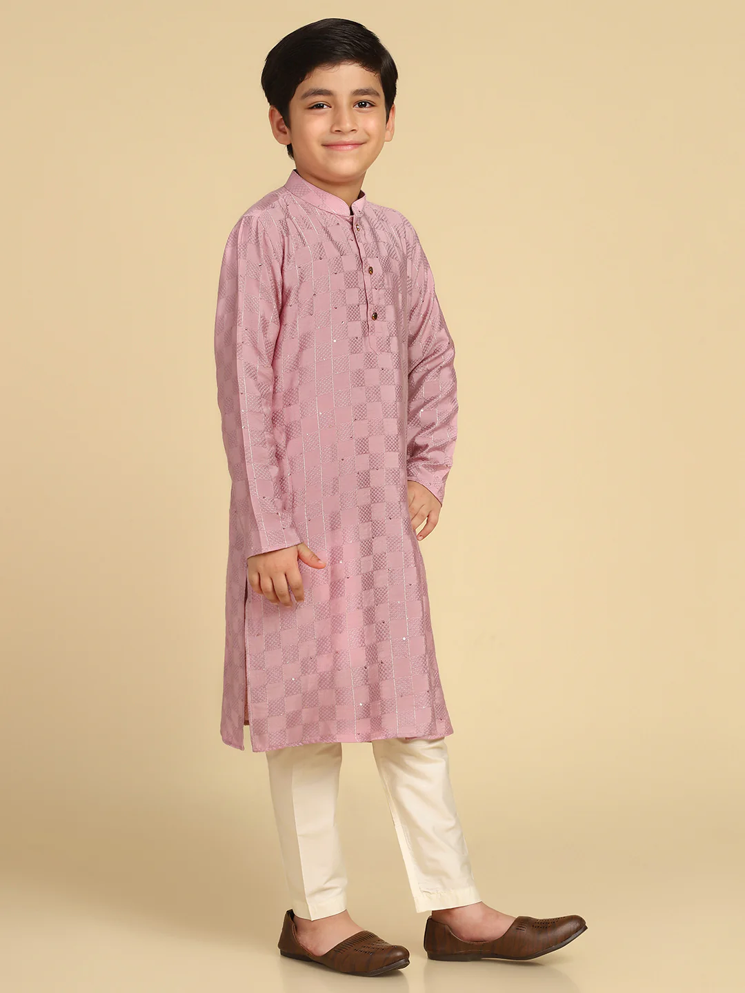Boy's Onion Pink Woven Design Checked Kurta - Image 2