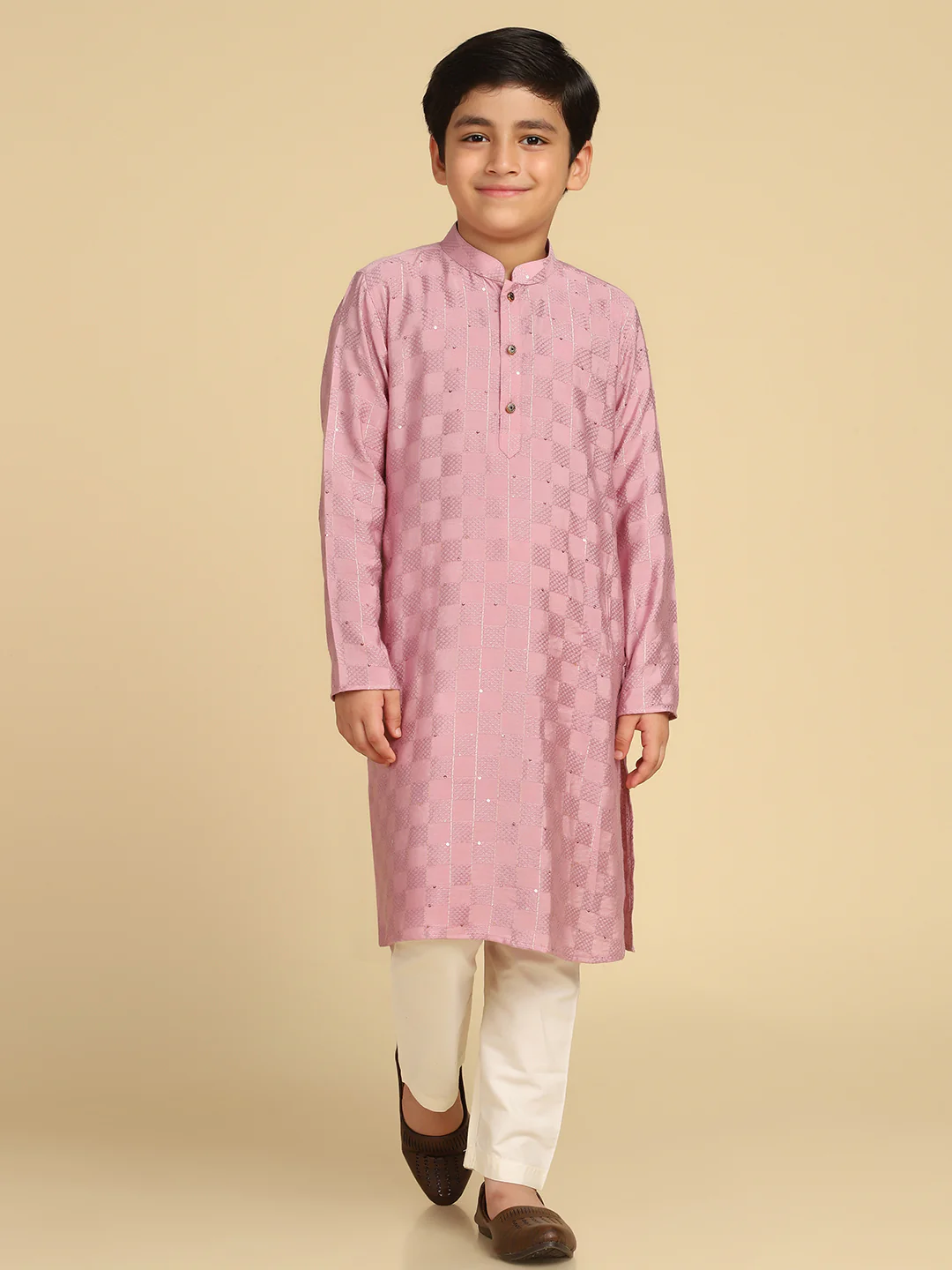 Boy's Onion Pink Woven Design Checked Kurta Pyjama Set