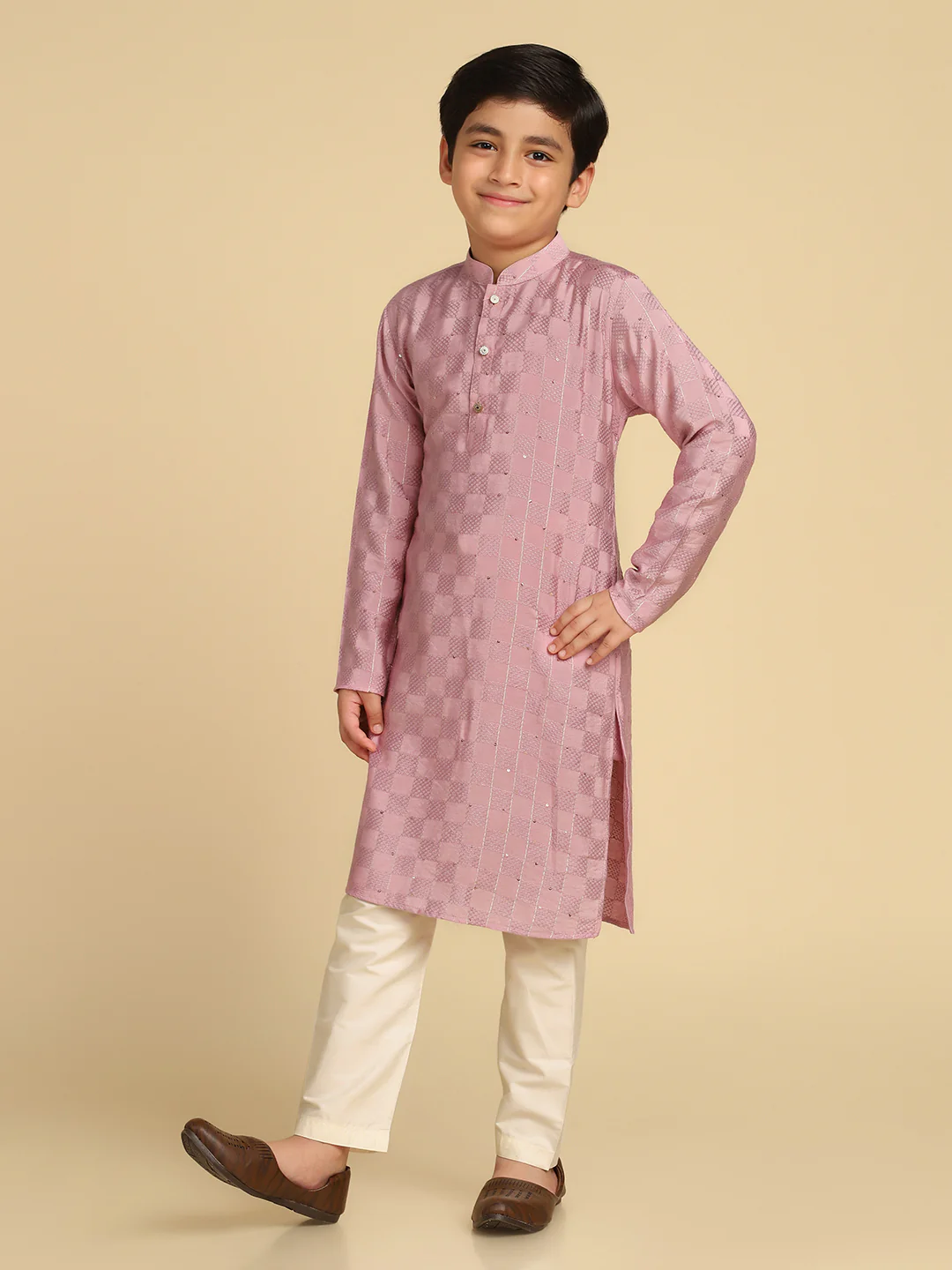 Boy's Onion Pink Woven Design Checked Kurta Pyjama Set - Image 3