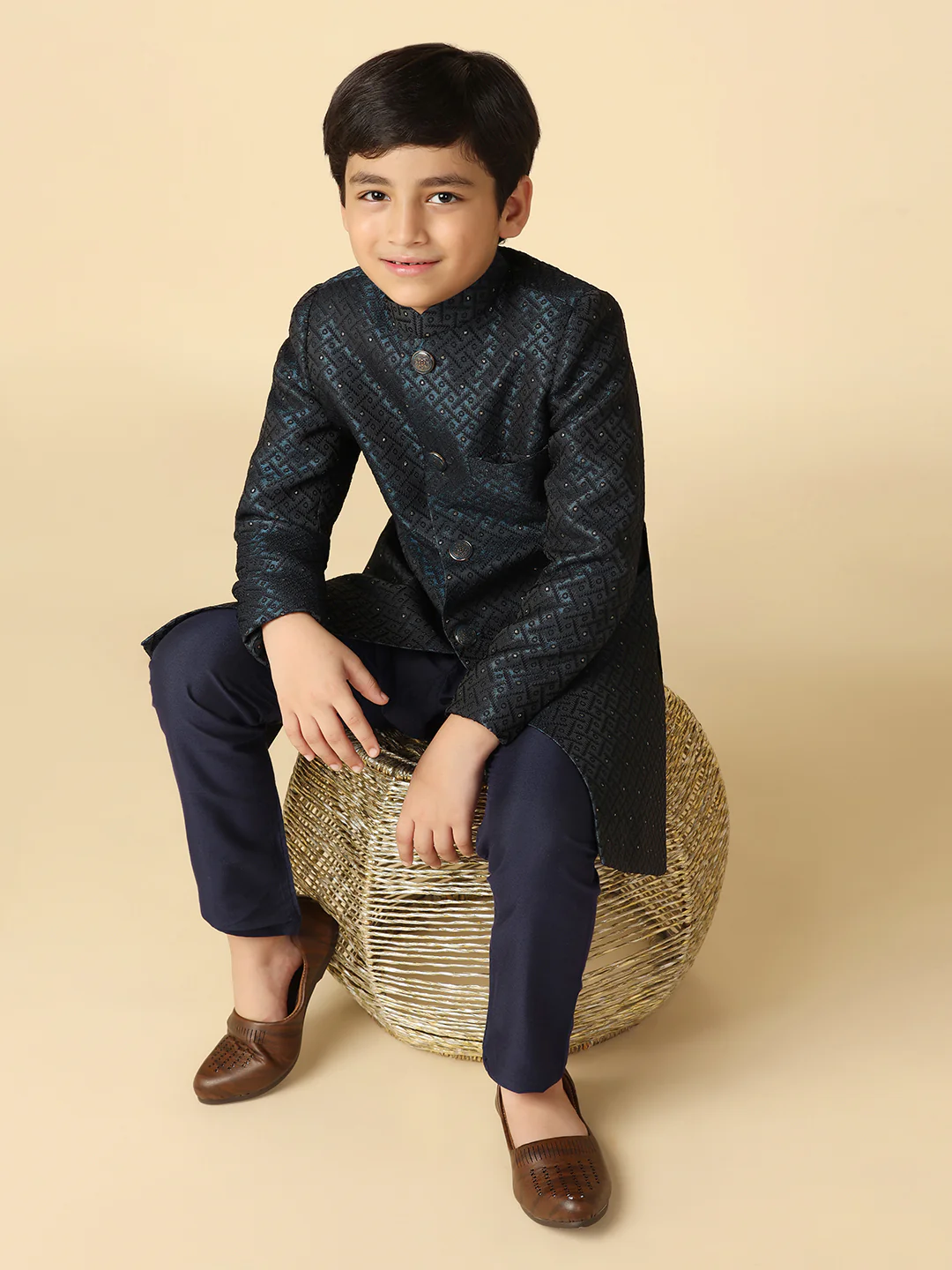 Boy's Turquoise Blue Embellished Woven Design Indowestern Pyjama Set - Image 7