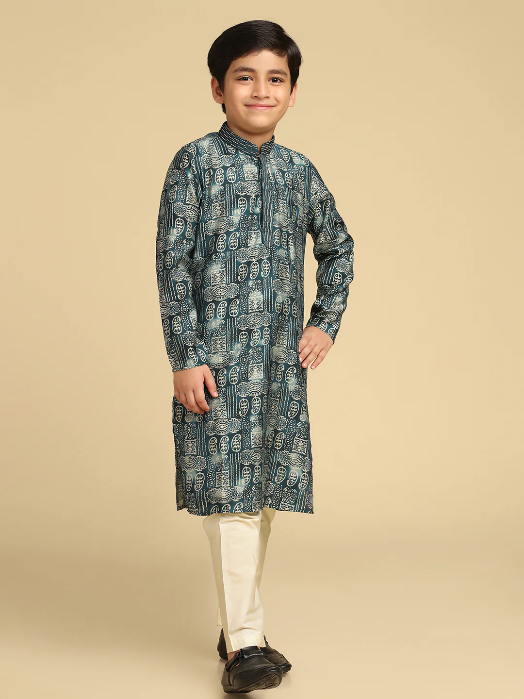 Boy's Turquoise Blue Printed Paisley Kurta - Image 3