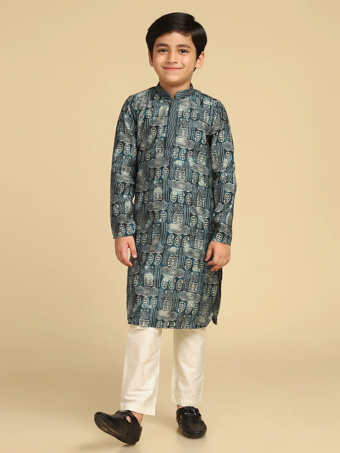 Boy's Turquoise Blue Printed Paisley Kurta Pyjama Set