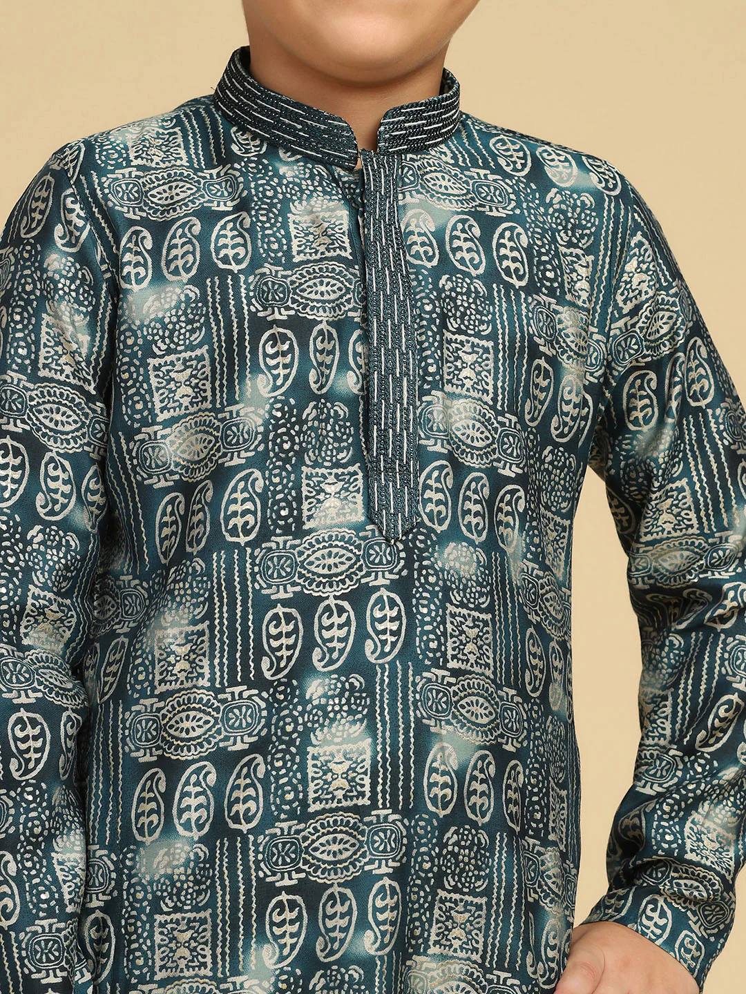 Boy's Turquoise Blue Printed Paisley Kurta Pyjama Set - Image 5