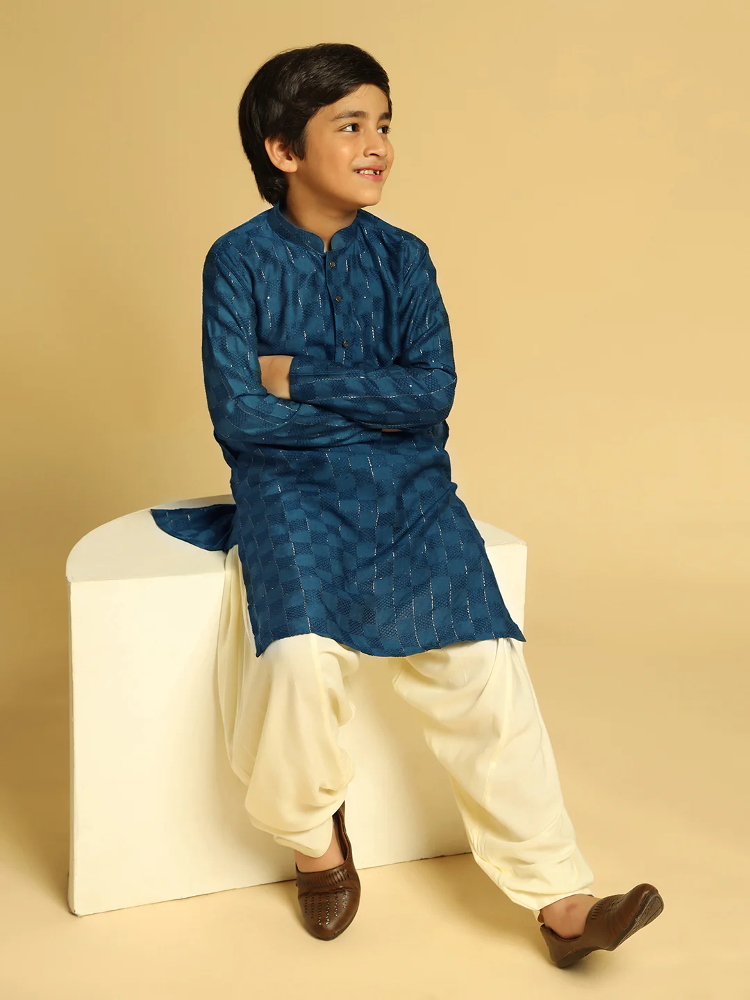 Boy's Turquoise Blue Self Design Kurta