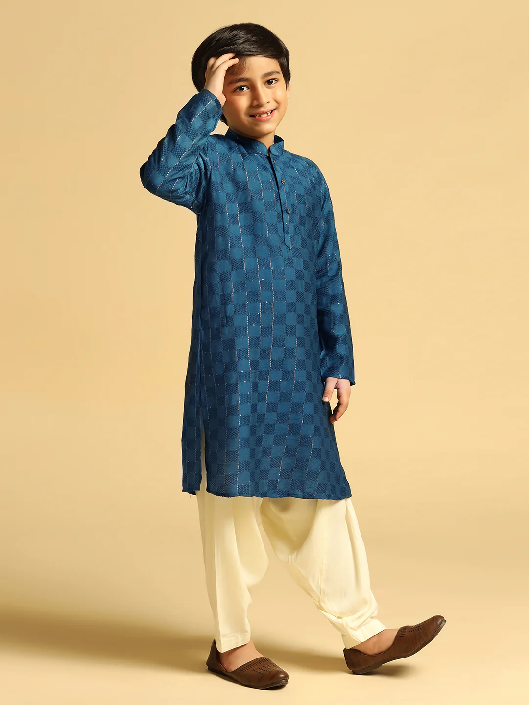 Boy's Turquoise Blue Self Design Kurta - Image 3