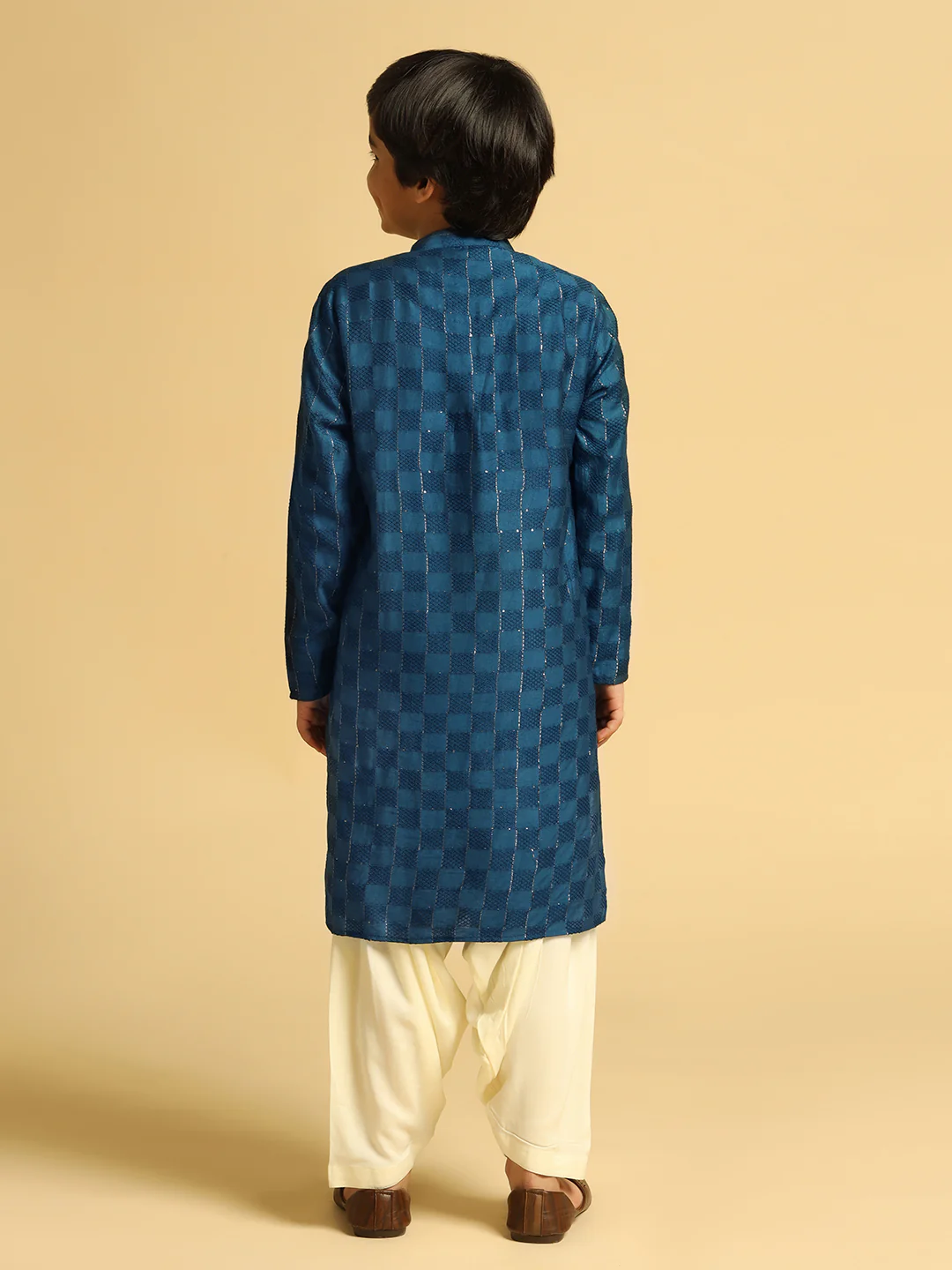 Boy's Turquoise Blue Self Design Kurta - Image 4