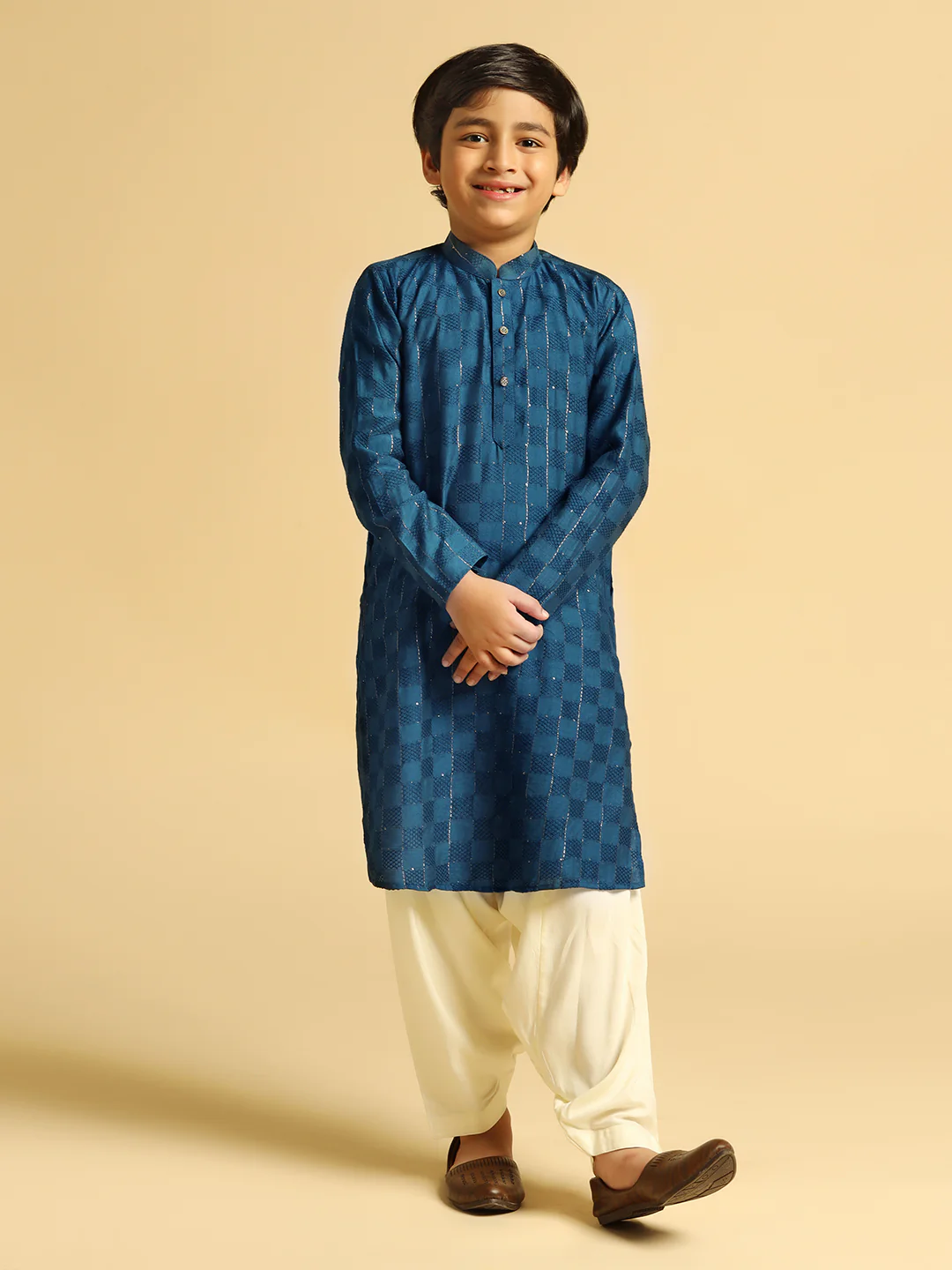 Boy's Turquoise Blue Self Design Kurta - Image 6