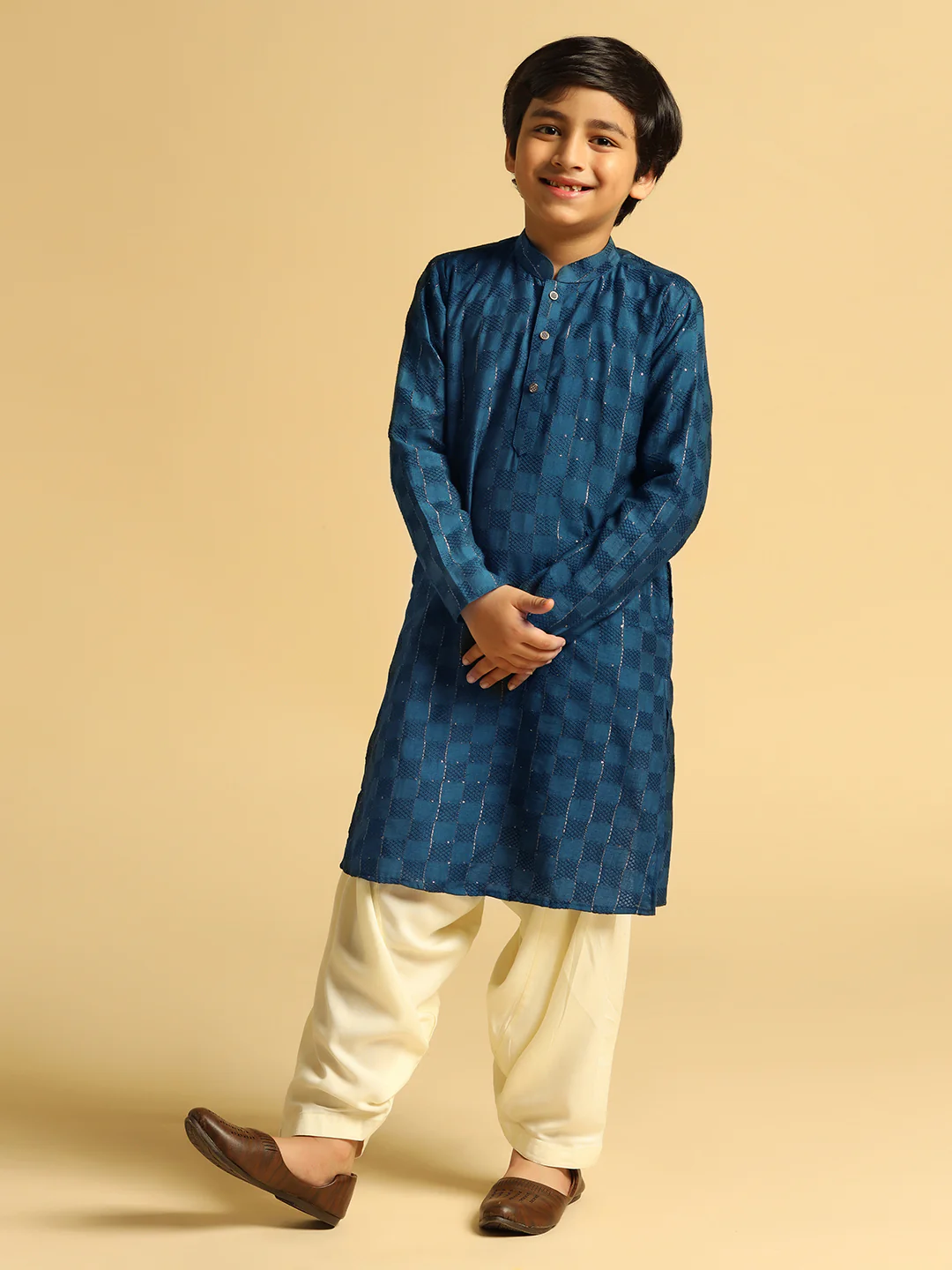 Boy's Turquoise Blue Self Design Kurta Patiala Set - Image 2
