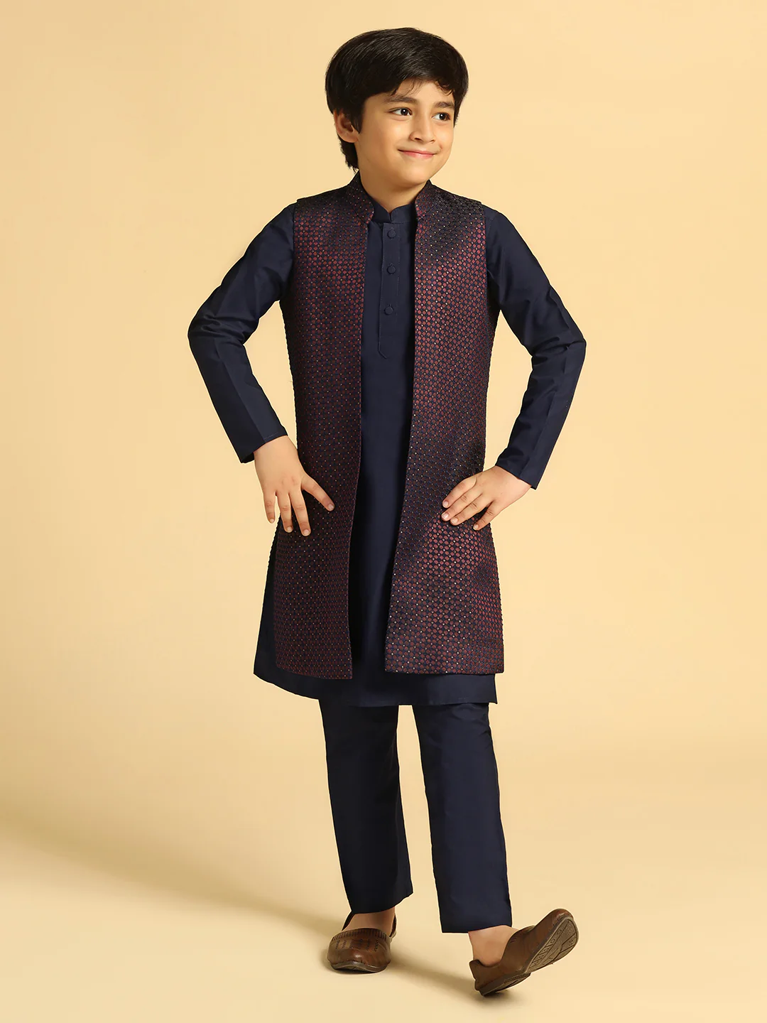 Boy's Wine Self Design Kurta Jacket Pyjama Set - Image 7
