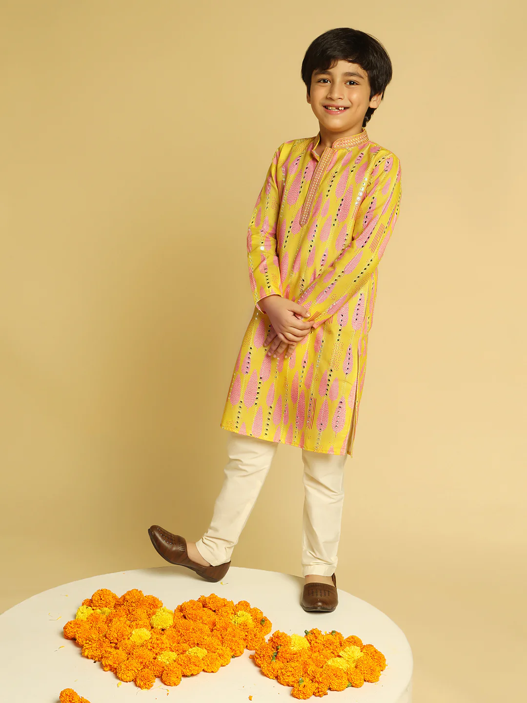 Boy's Yellow Printed Thread Work Kurta