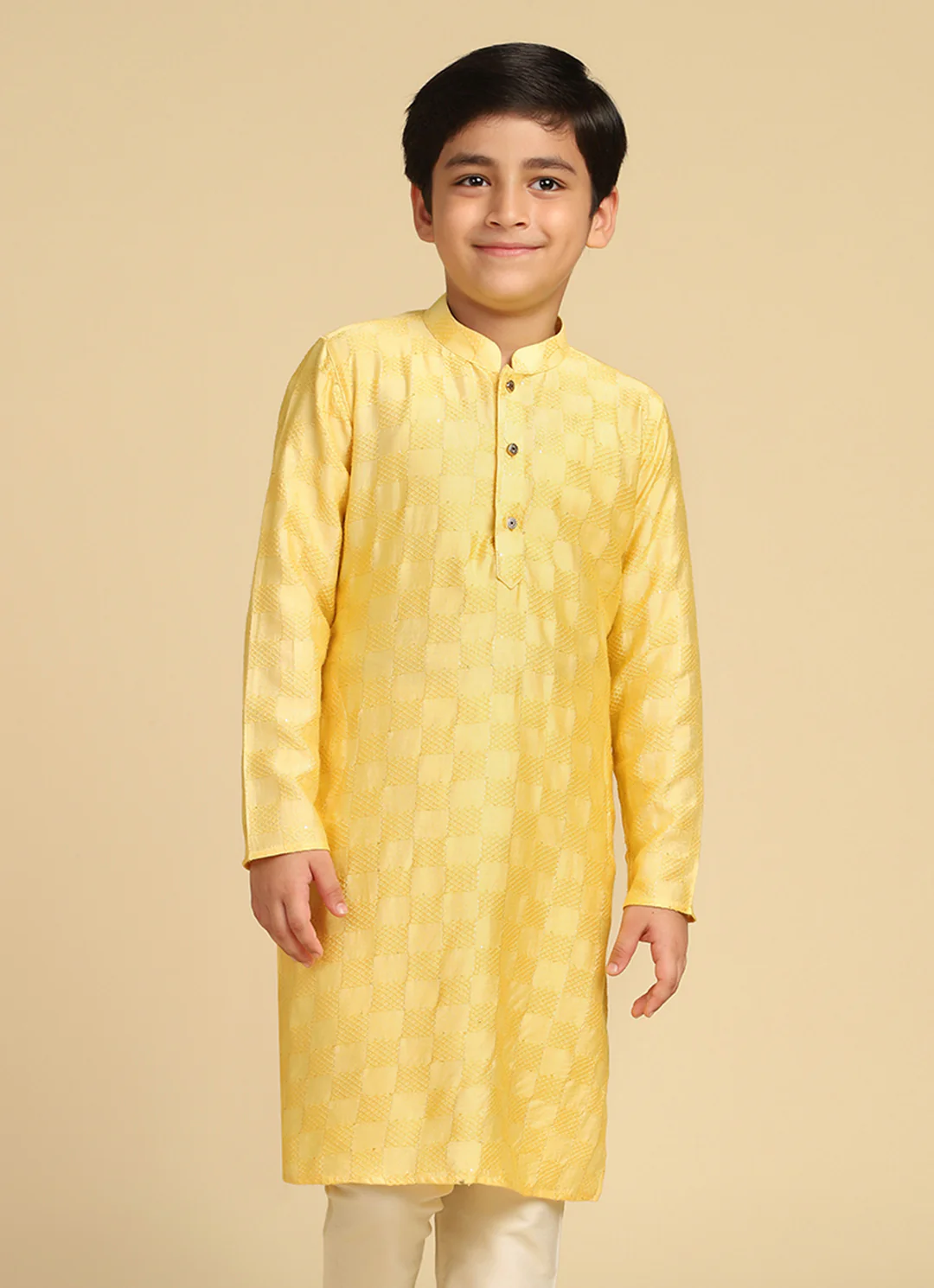 Boy's Yellow Woven Design Checked Kurta