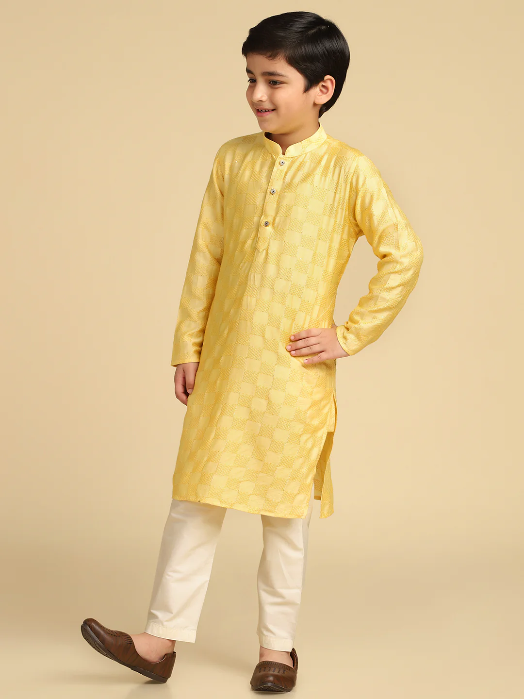 Boy's Yellow Woven Design Checked Kurta - Image 3
