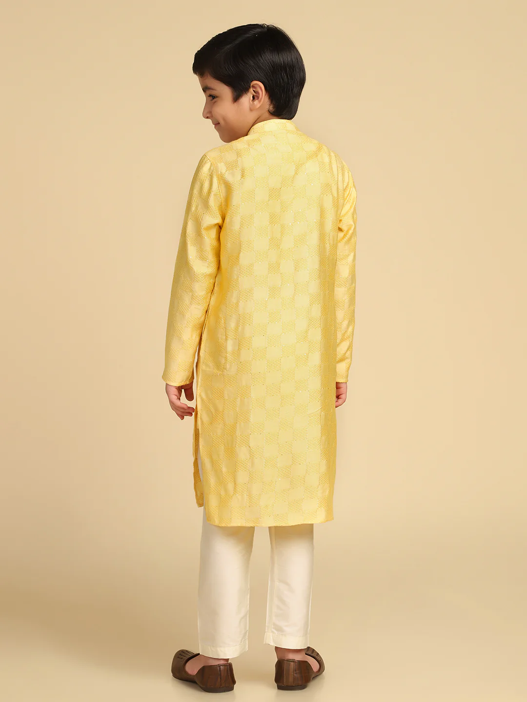 Boy's Yellow Woven Design Checked Kurta - Image 4