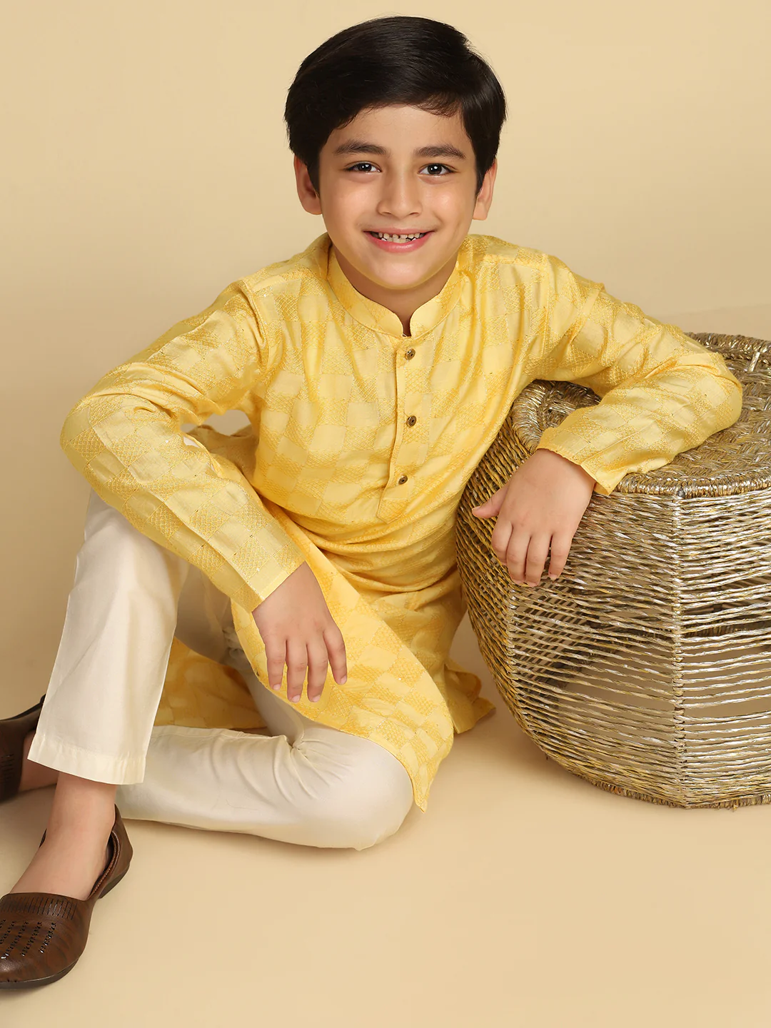 Boy's Yellow Woven Design Checked Kurta - Image 6