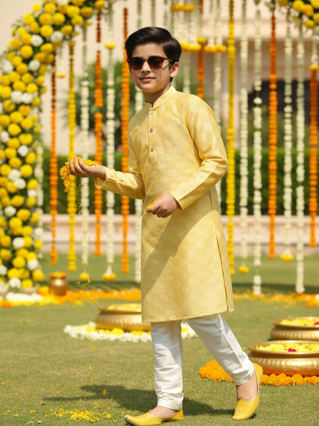 Boy's Yellow Woven Design Checked Kurta Pyjama Set - Image 2