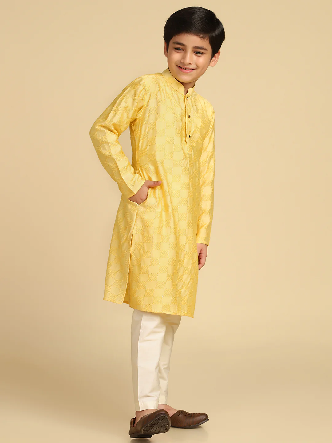 Boy's Yellow Woven Design Checked Kurta Pyjama Set - Image 3
