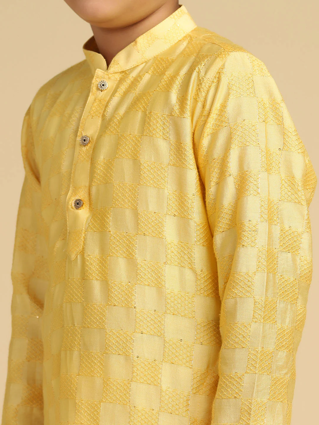 Boy's Yellow Woven Design Checked Kurta Pyjama Set - Image 6