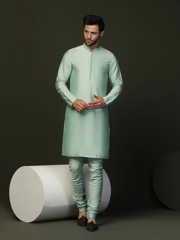 Mint Green Silk Blend Solid Drawstring Churidar - Image 6