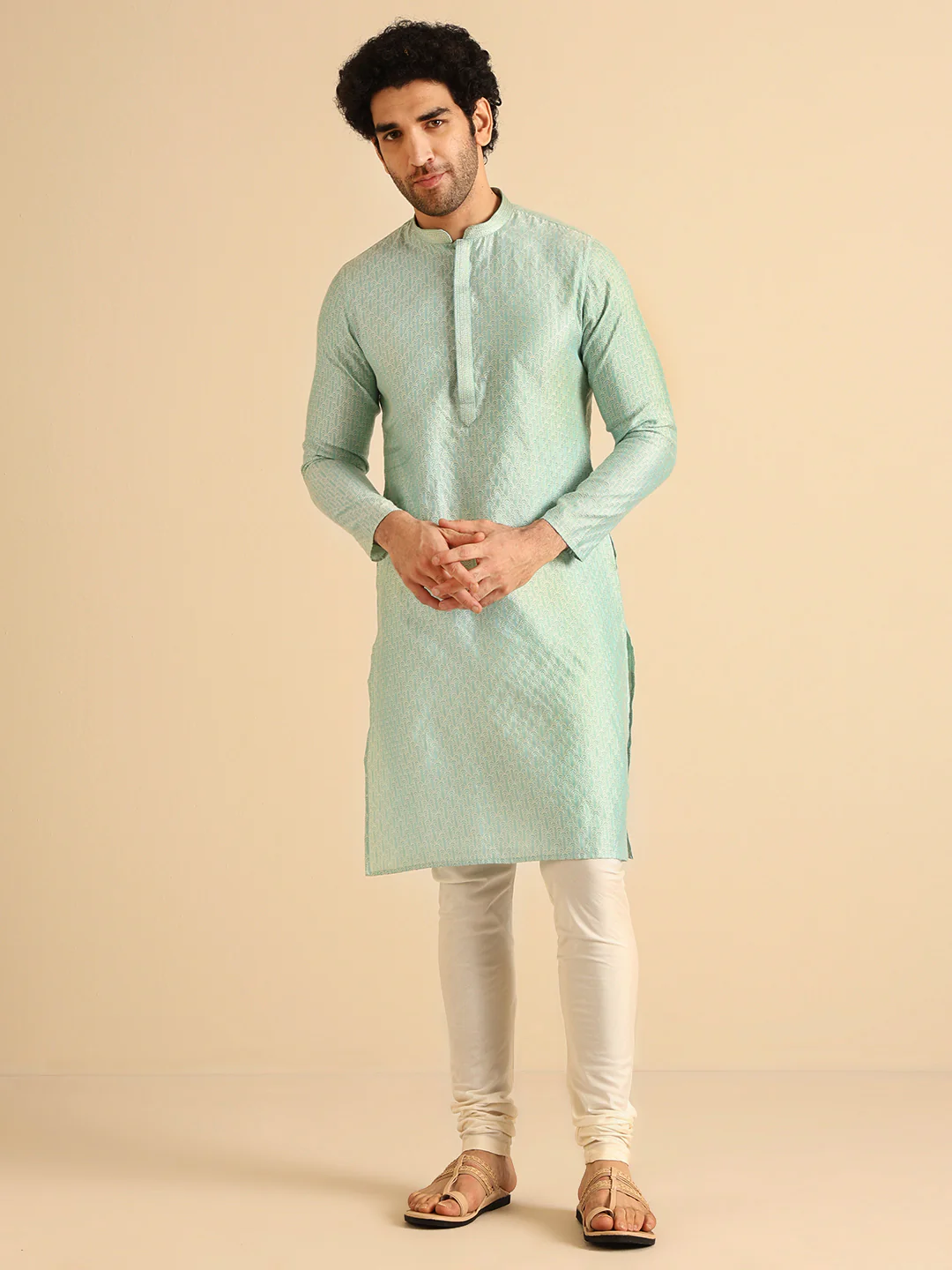 Mint Green Jacquard Kurta Churidar Set - Image 7