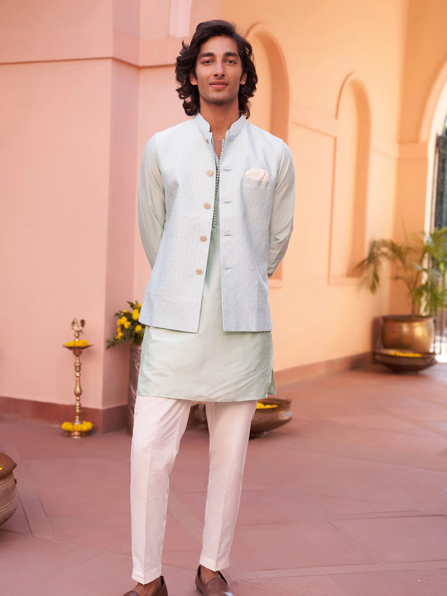 Aqua Green Textured Nehru Jacket Kurta Set