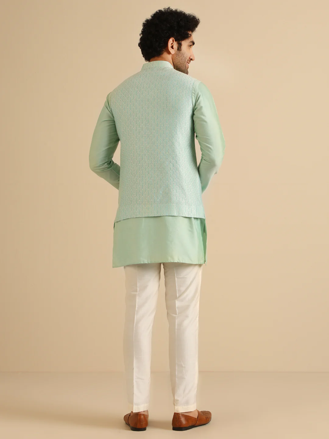 Aqua Green Textured Nehru Jacket Kurta Set - Image 5