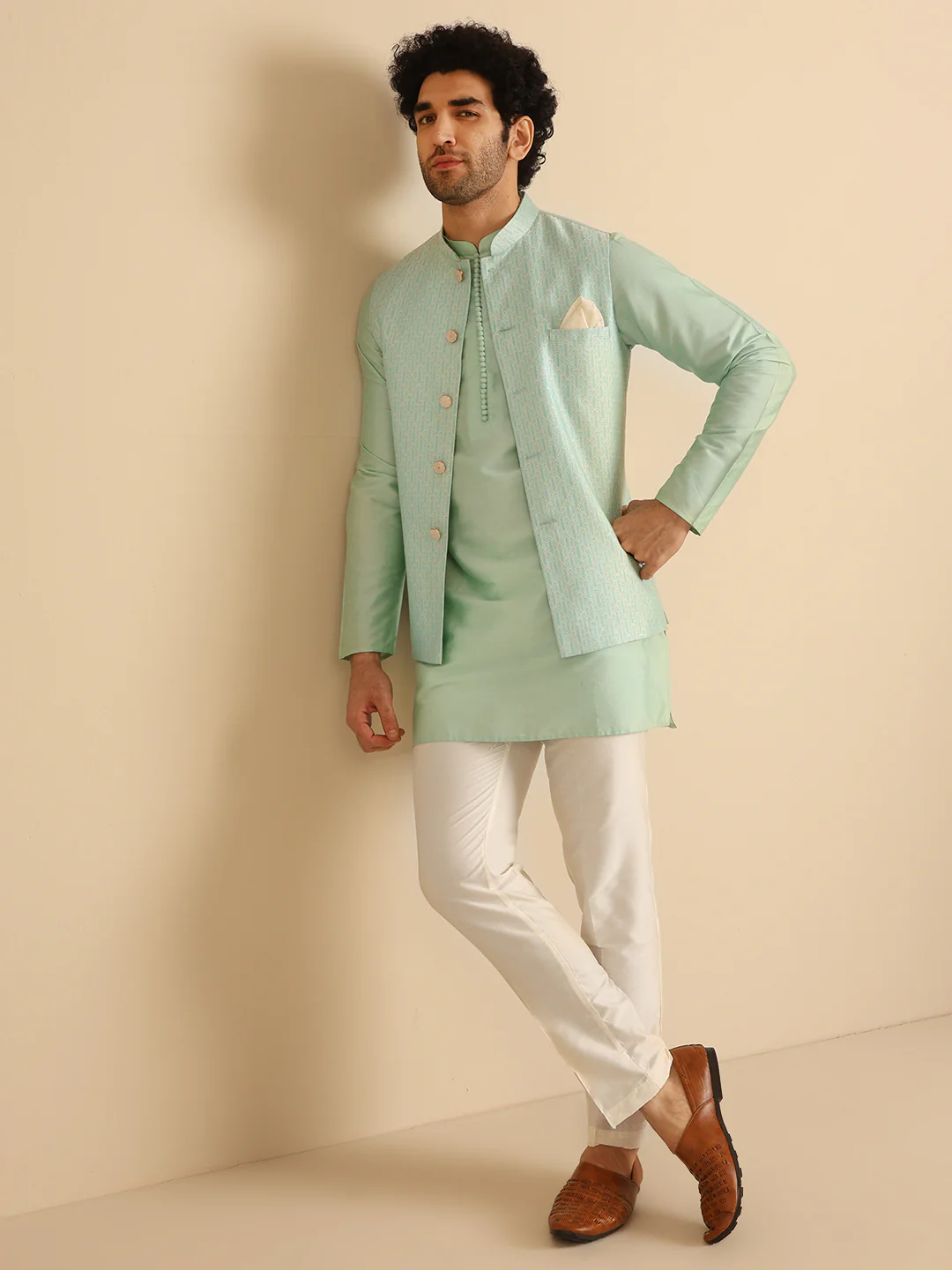 Aqua Green Textured Nehru Jacket Kurta Set - Image 8