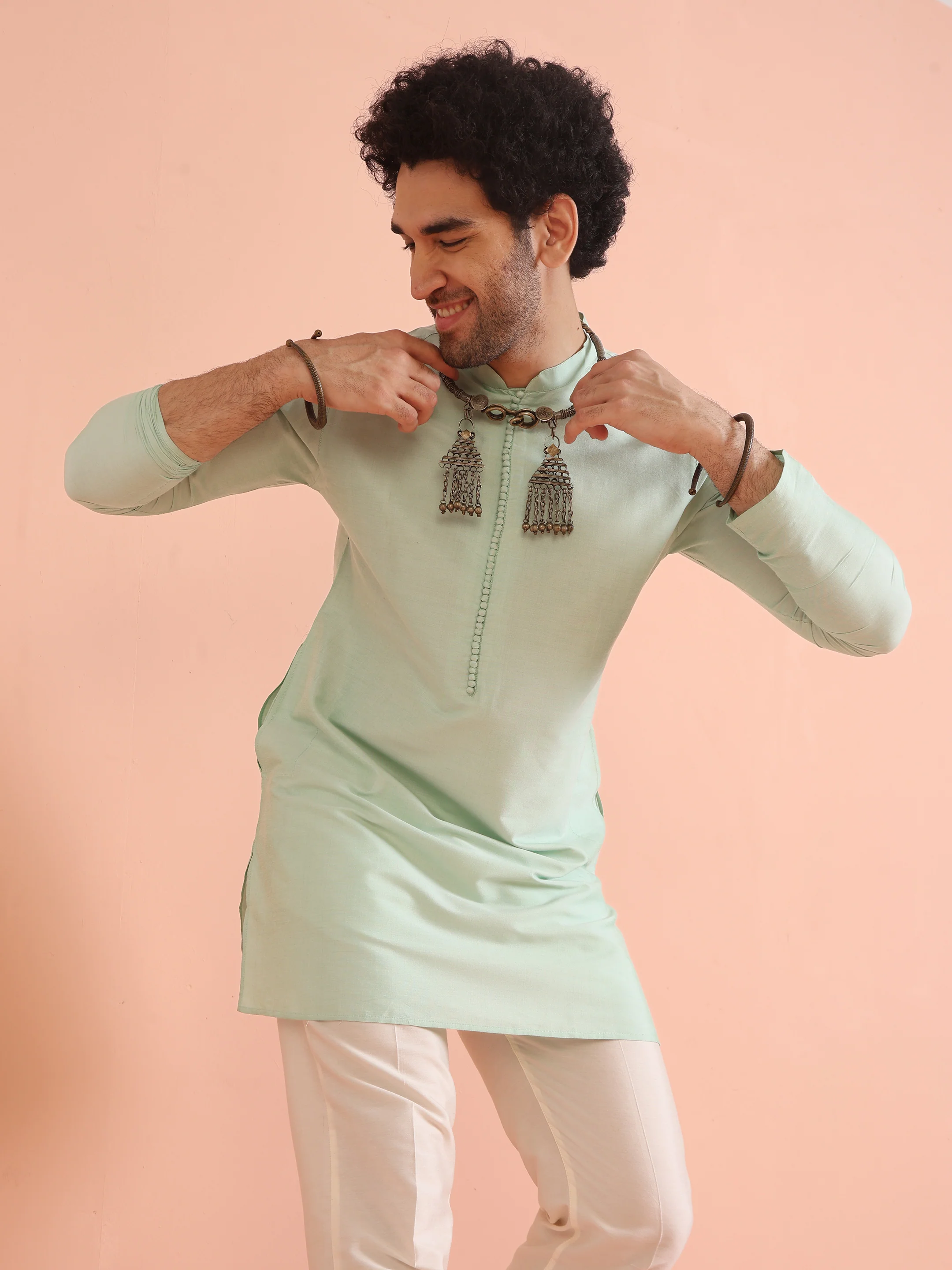 Men Aqua Green Kurta - Image 7