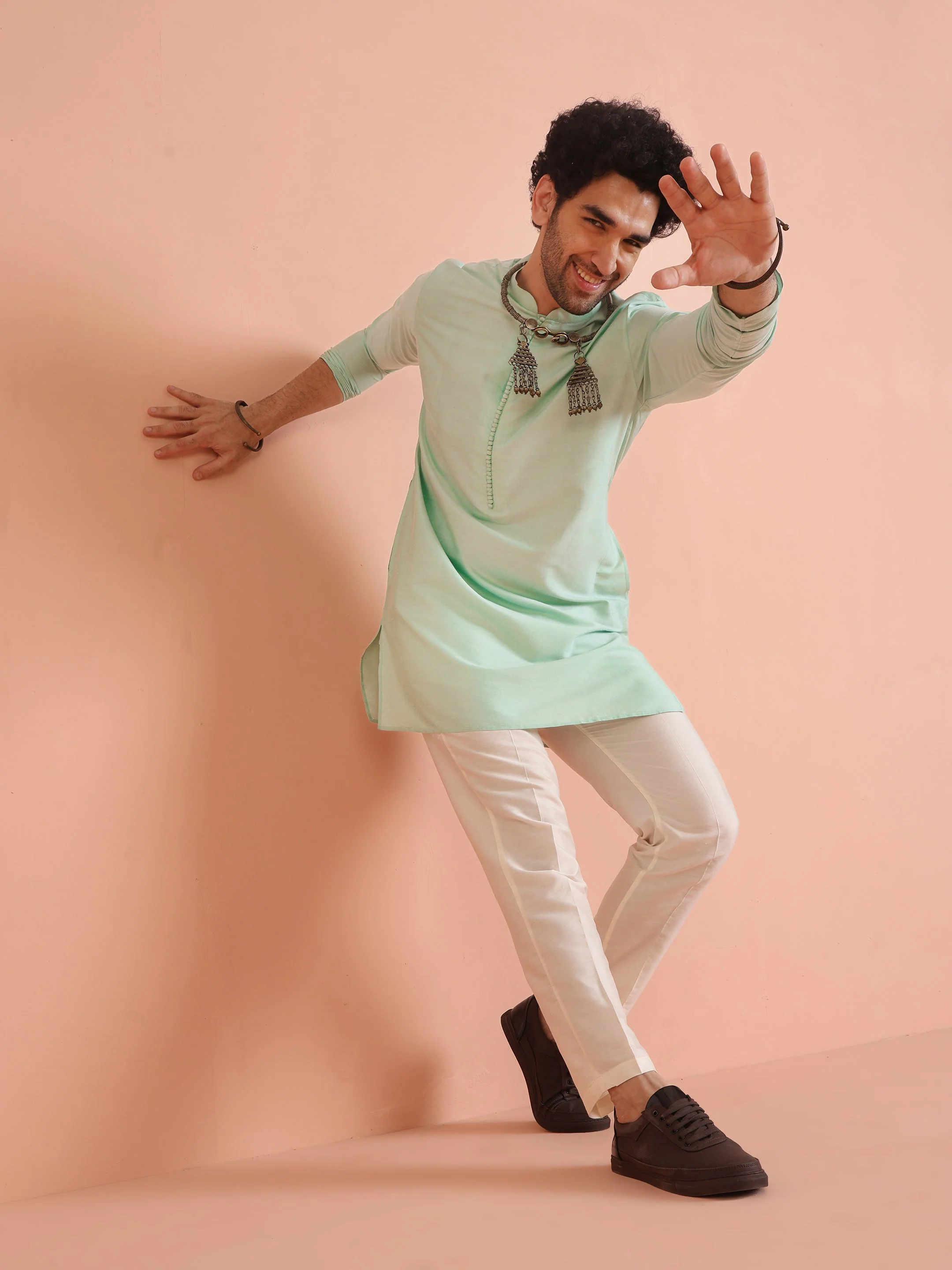 Men Aqua Green Kurta Trouser Set - Image 10