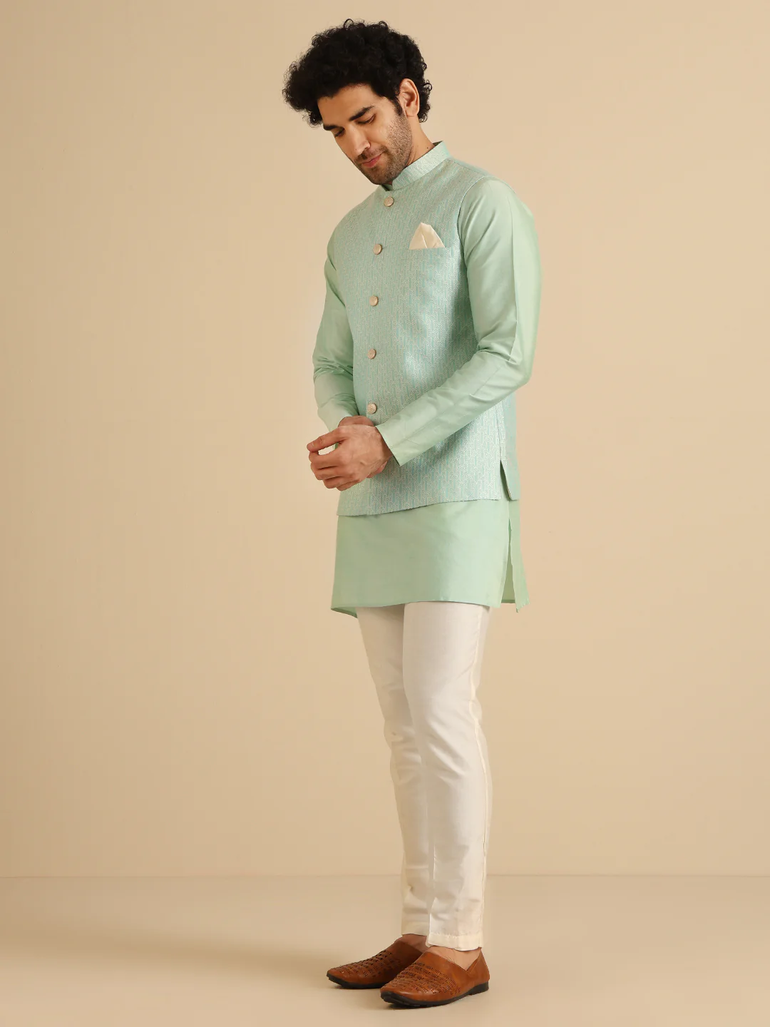 Men Green Woven Design Nehru Jacket - Image 3