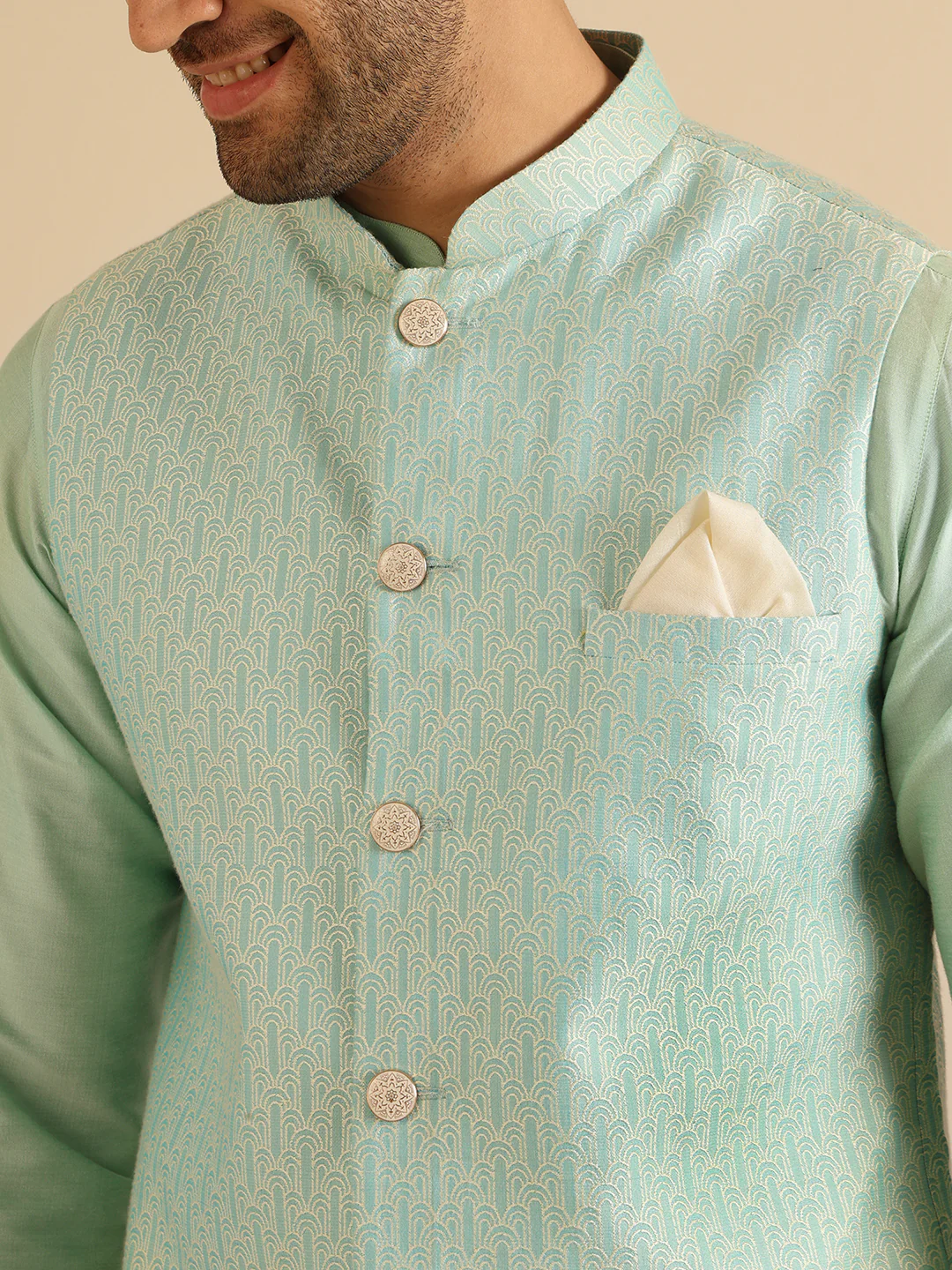 Men Green Woven Design Nehru Jacket - Image 6