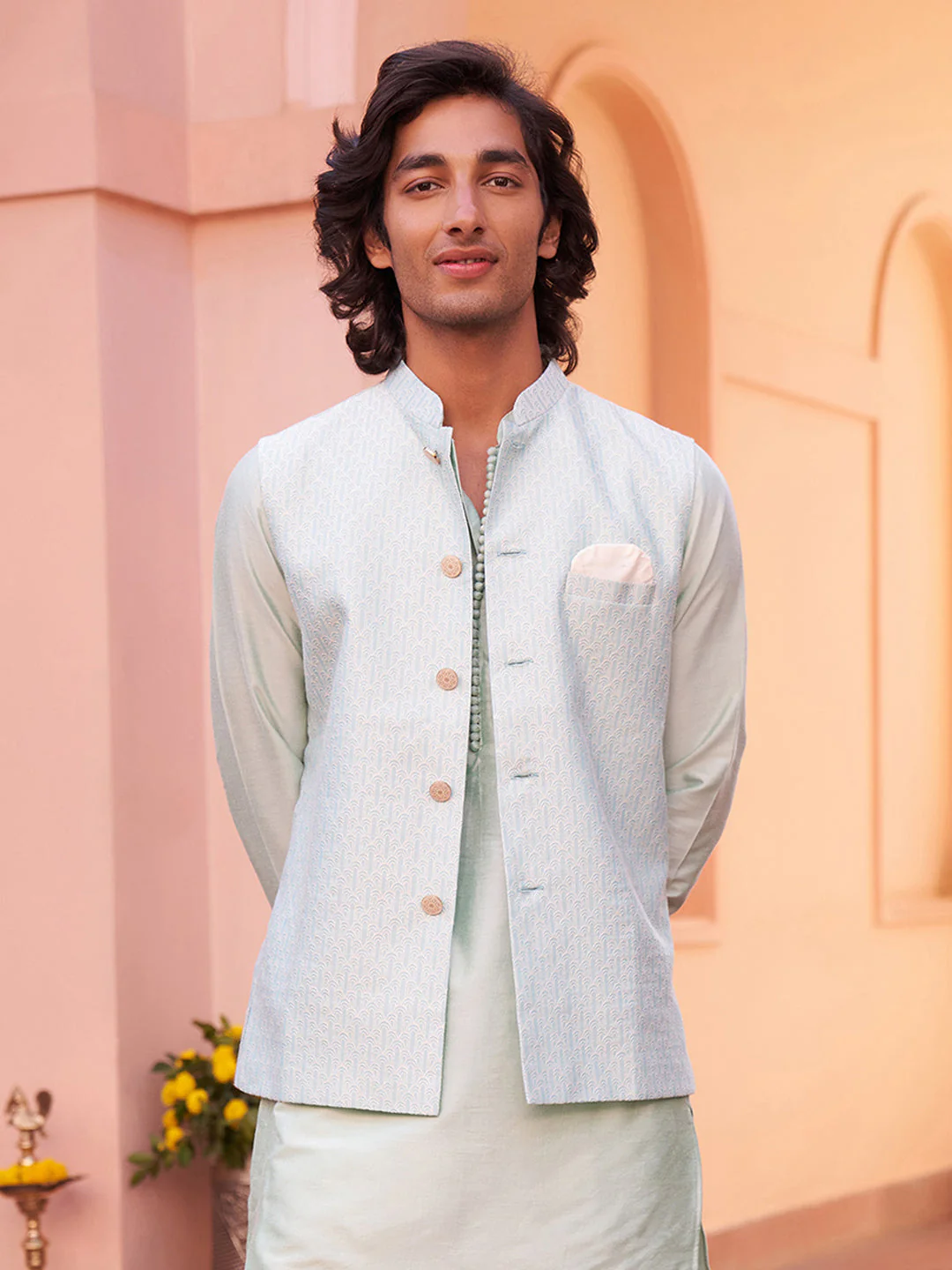 Men Green Woven Design Nehru Jacket - Image 8