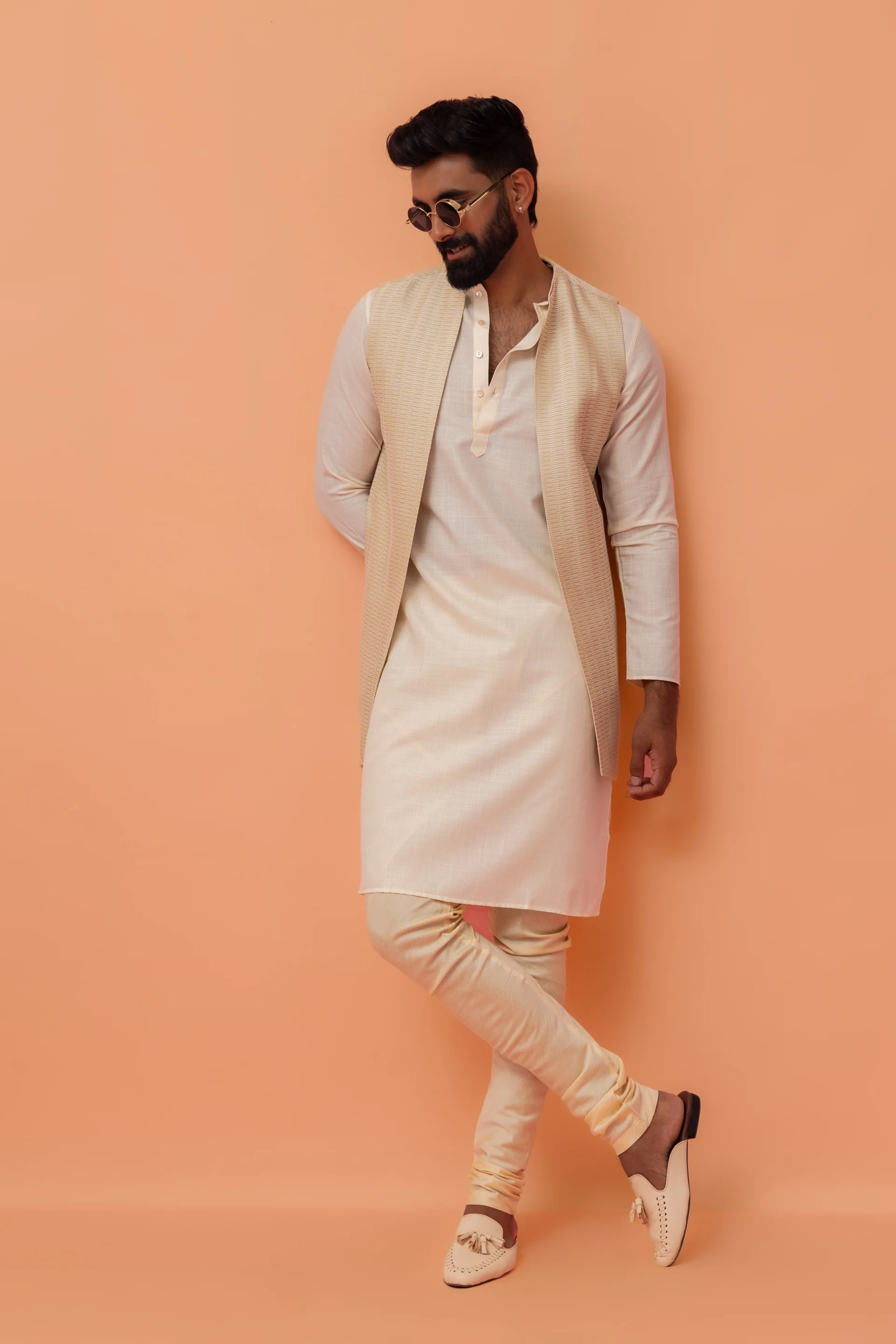 Beige Kurta with Textured Jacket & Churidar