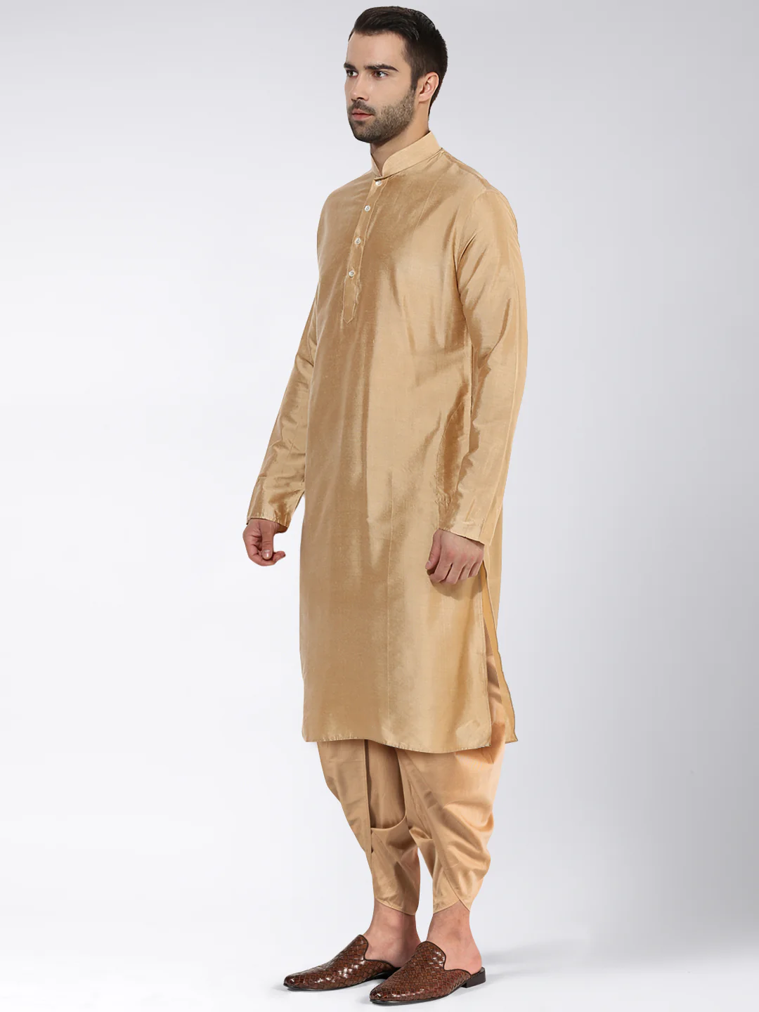 Men Beige Kurta Dhoti Set - Image 3