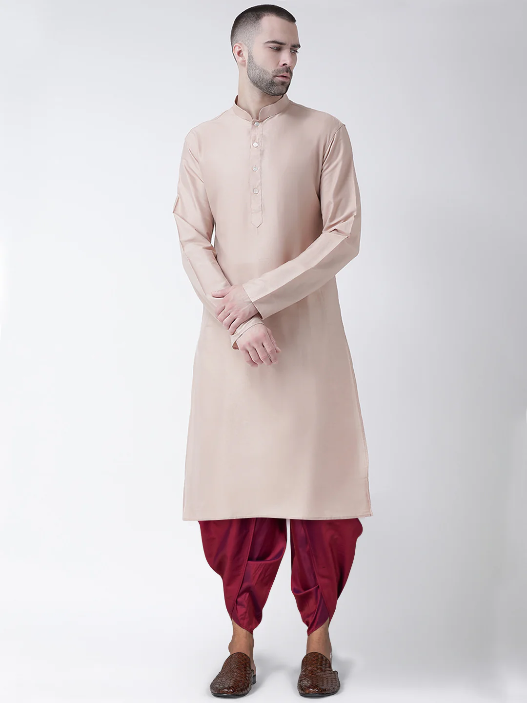Men Beige Kurta Dhoti Set