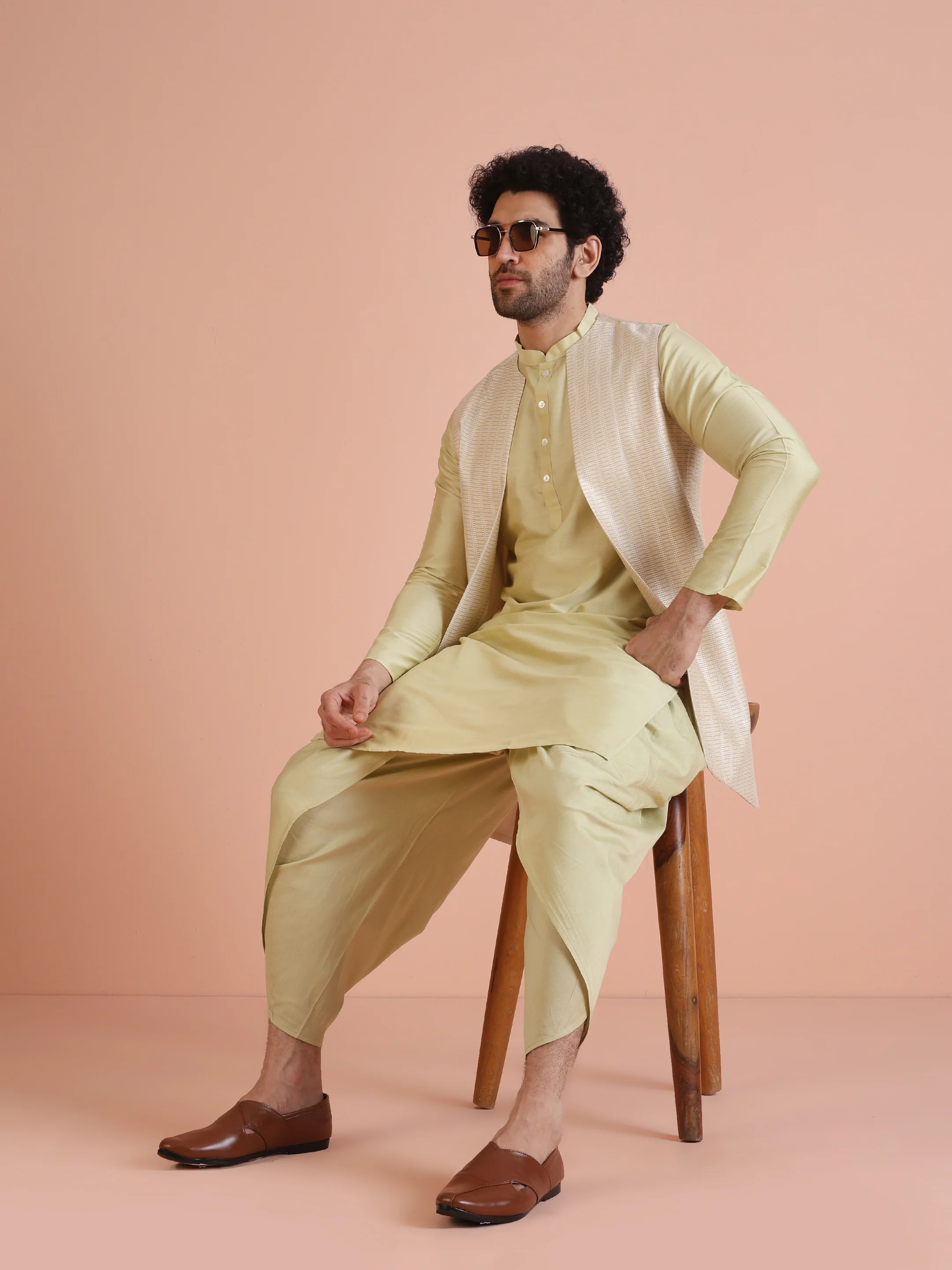 Beige Cotton Silk Textured Nehru Jacket Kurta Dhoti